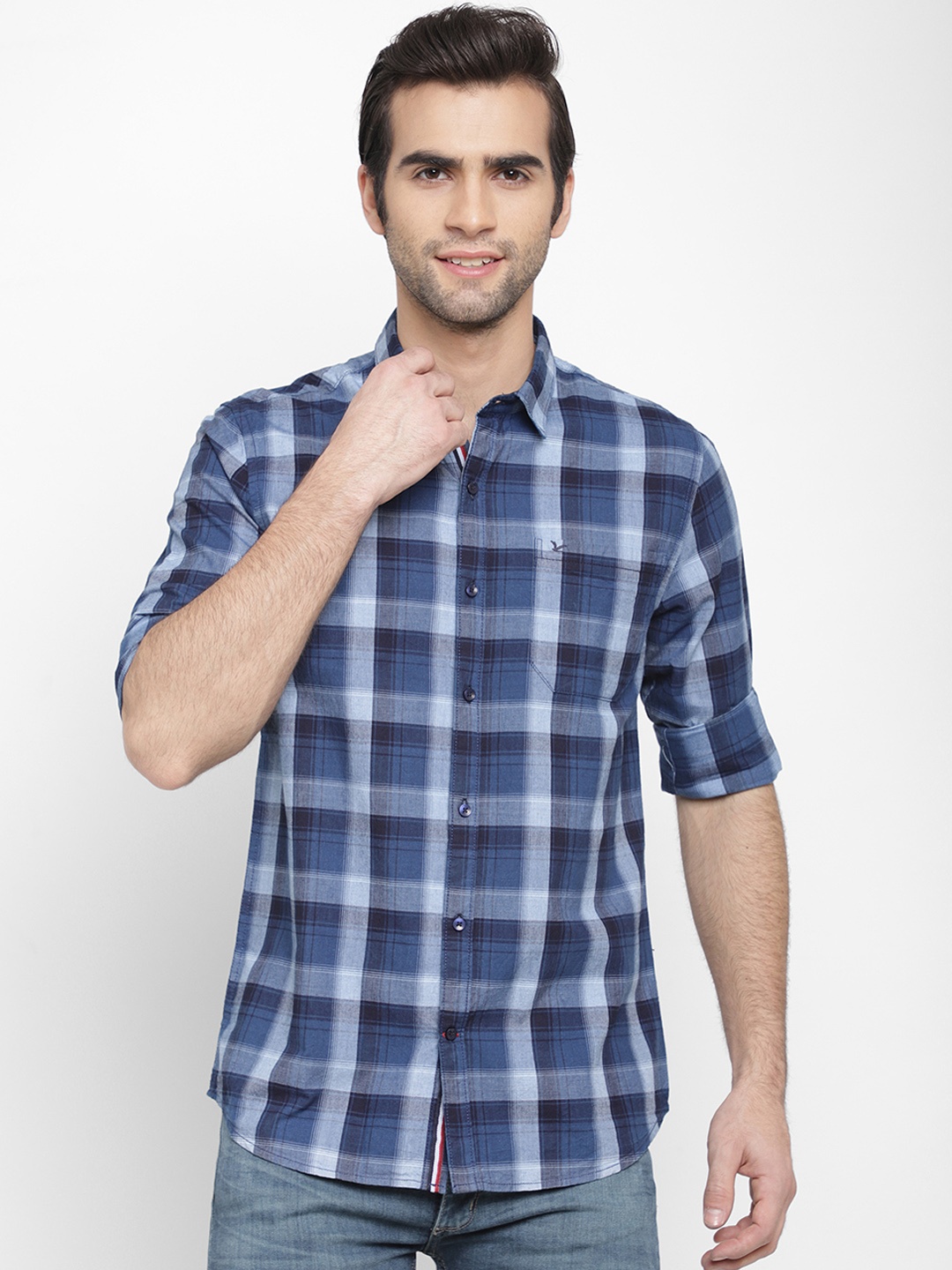

cape canary Men Navy Blue Regular Fit Checked Casual Shirt