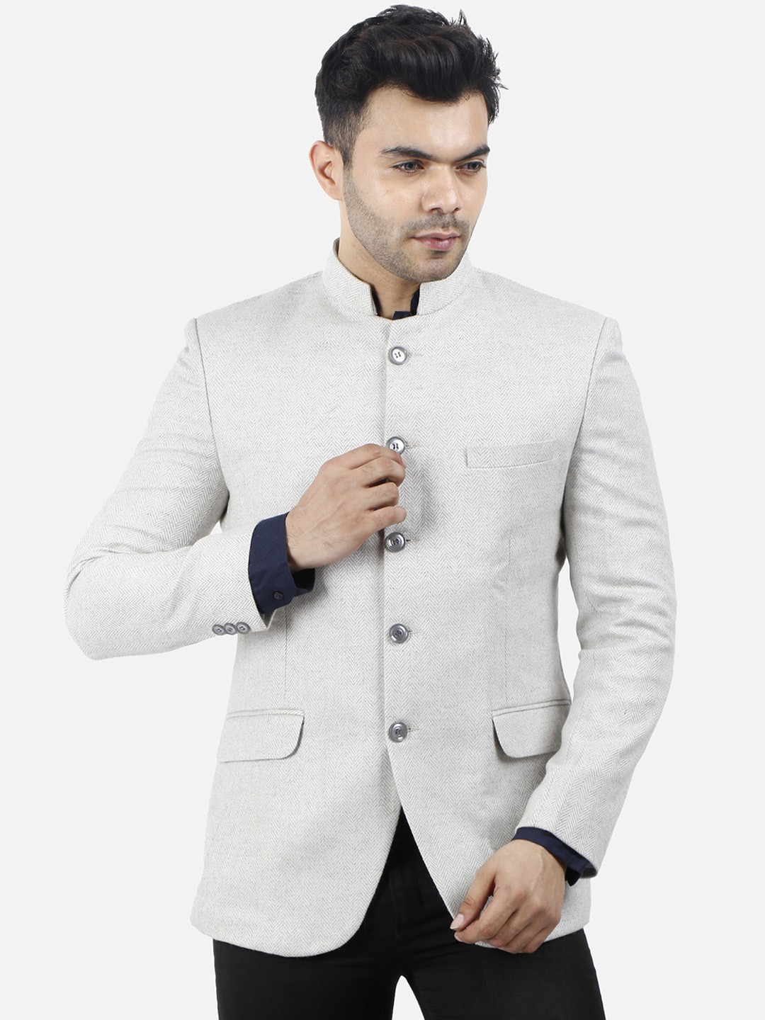 

Wintage Men White Self-Design Bandhgala Formal Blazer