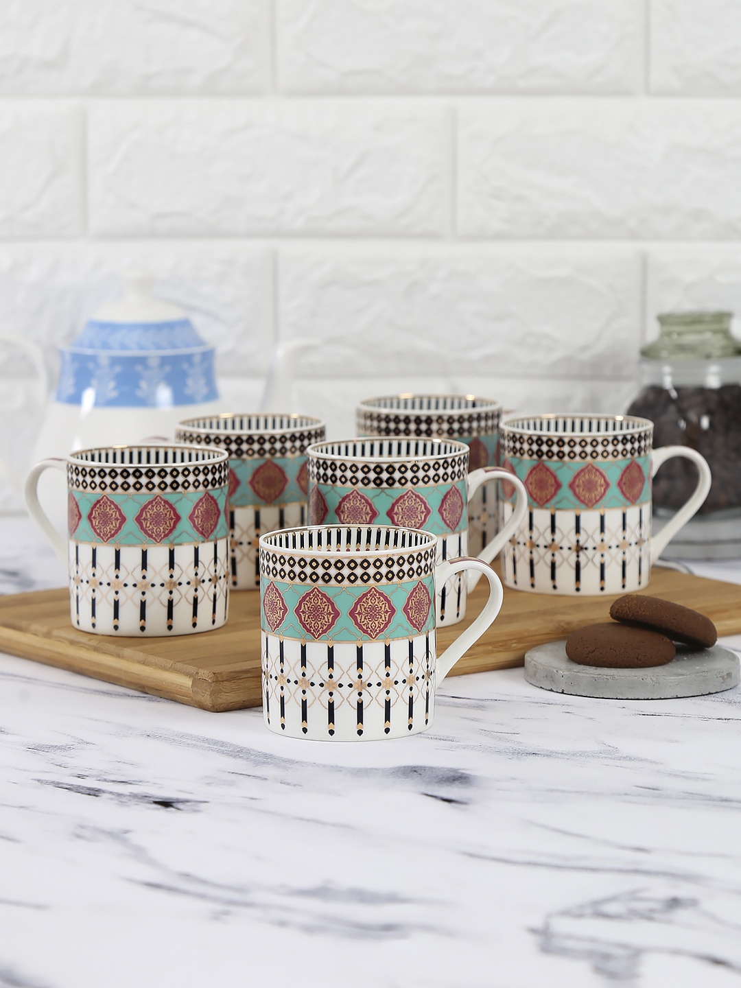 

India Circus by Krsnaa Mehta Set Of 6 White & Gold-Toned Printed Floral Reed Coffee Mugs