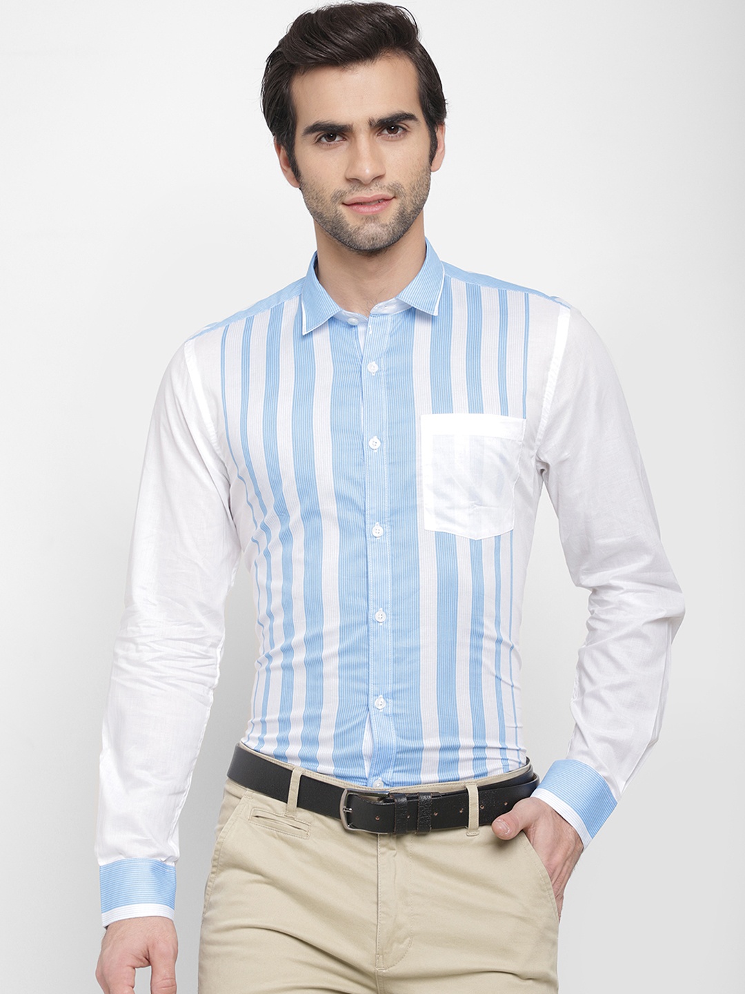 

cape canary Men Blue & White Regular Fit Striped Formal Shirt