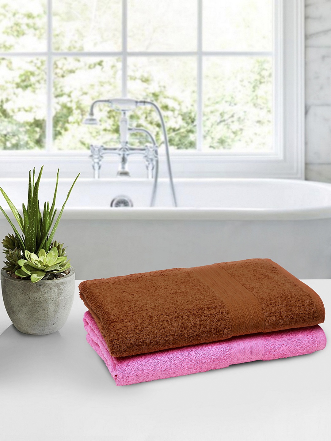 

BOMBAY DYEING Unisex Set Of 2 Brown & Pink Solid Tulip 450 GSM Bath Towels