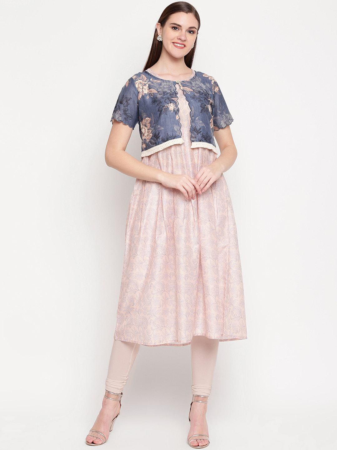 

Vbuyz Women Peach-Coloured & Blue Printed A-Line Kurta With Ethnic Jacket