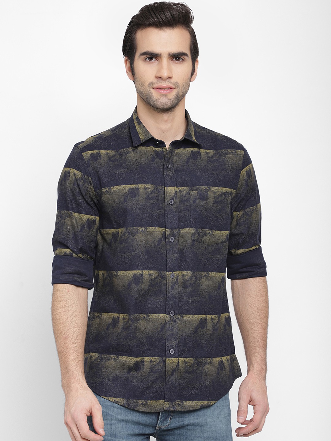 

cape canary Men Navy Blue Regular Fit Printed Casual Shirt