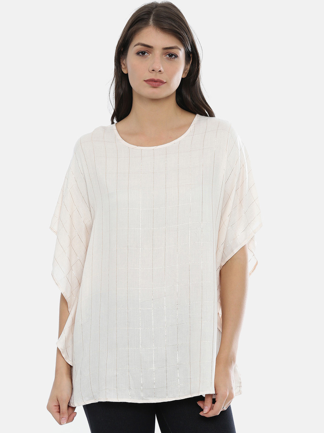

IDK Women Cream-Coloured Checked Kaftan Top