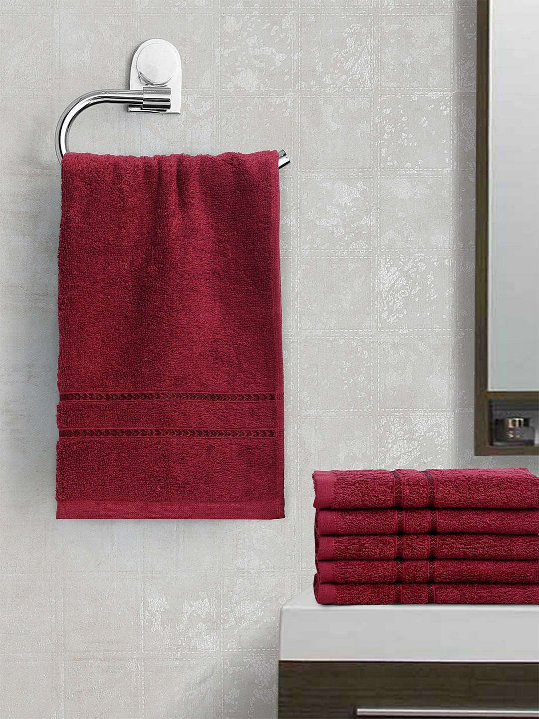 

BOMBAY DYEING Unisex Set Of 6 Maroon Solid Flora 350 GSM Hand Towels