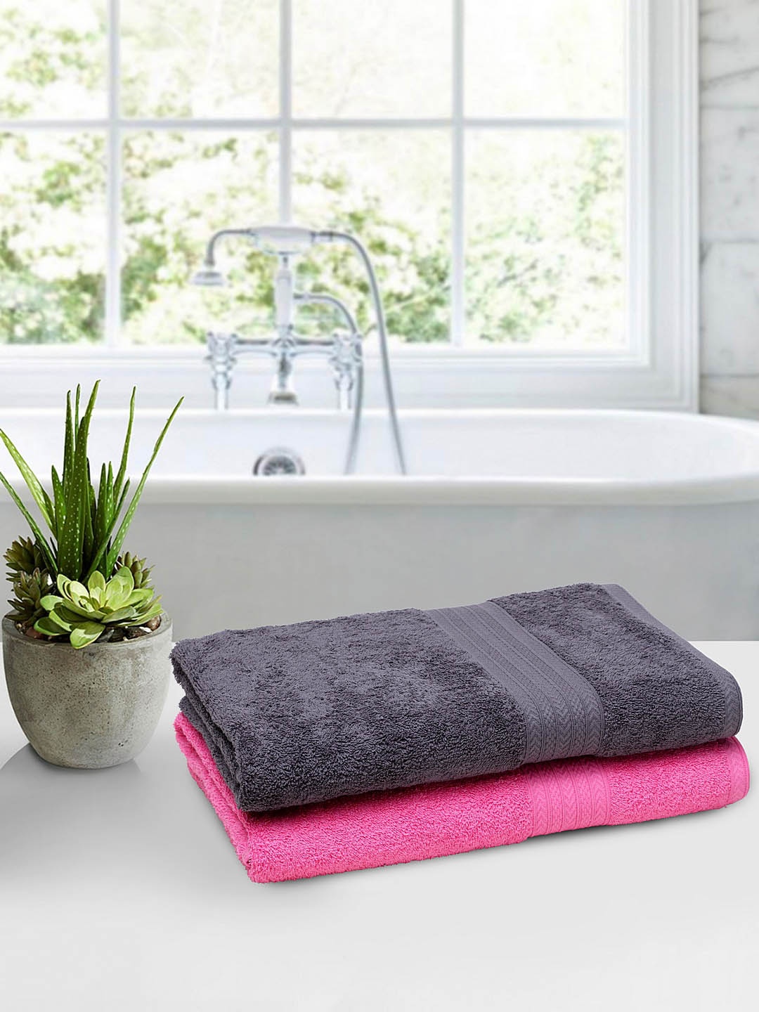 

BOMBAY DYEING Unisex Set Of 2 Pink & Grey Solid Tulip 450 GSM Bath Towels