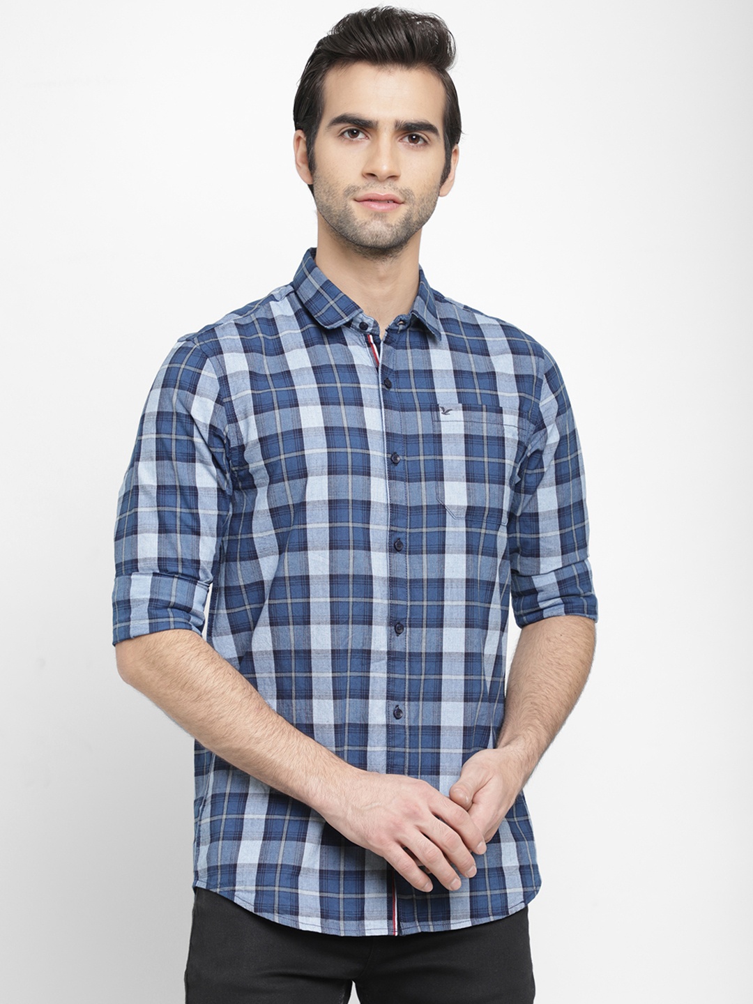 

cape canary Men Navy Blue Regular Fit Checked Casual Shirt