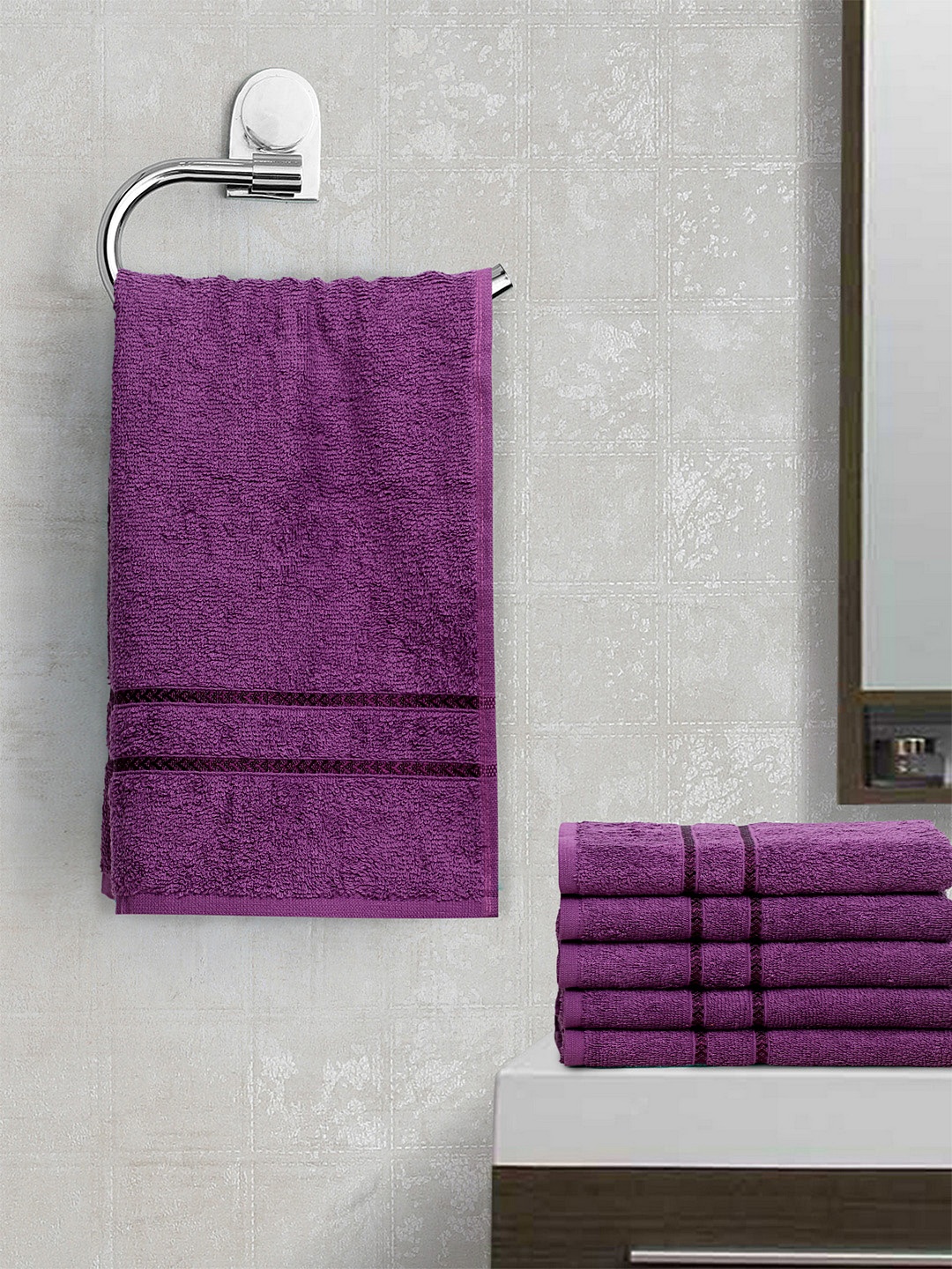 

BOMBAY DYEING Unisex Set Of 6 Purple Solid Flora 350 GSM Hand Towels