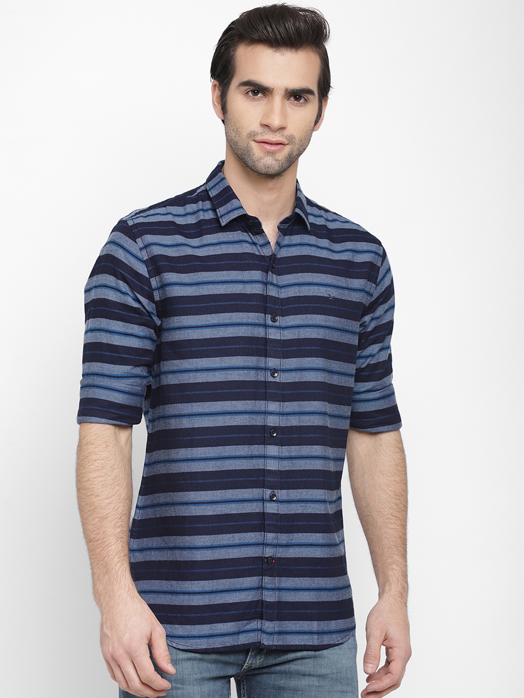 

cape canary Men Blue Regular Fit Striped Casual Shirt