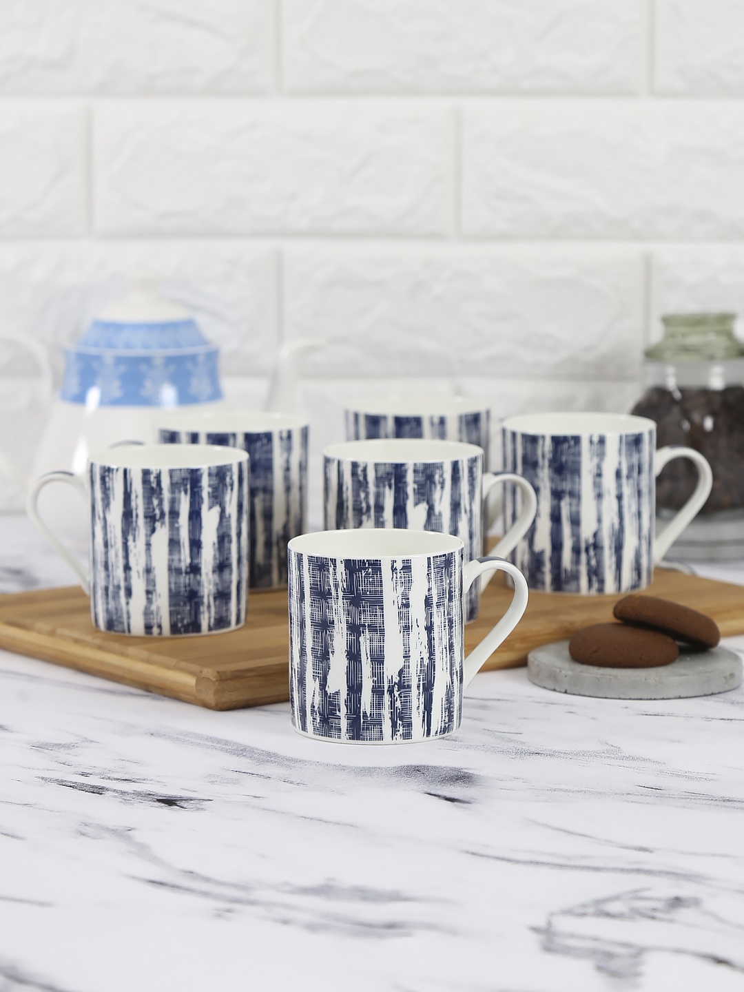 

India Circus by Krsnaa Mehta Set Of 6 Blue & White Printed Canvas Bone China Coffee Mug
