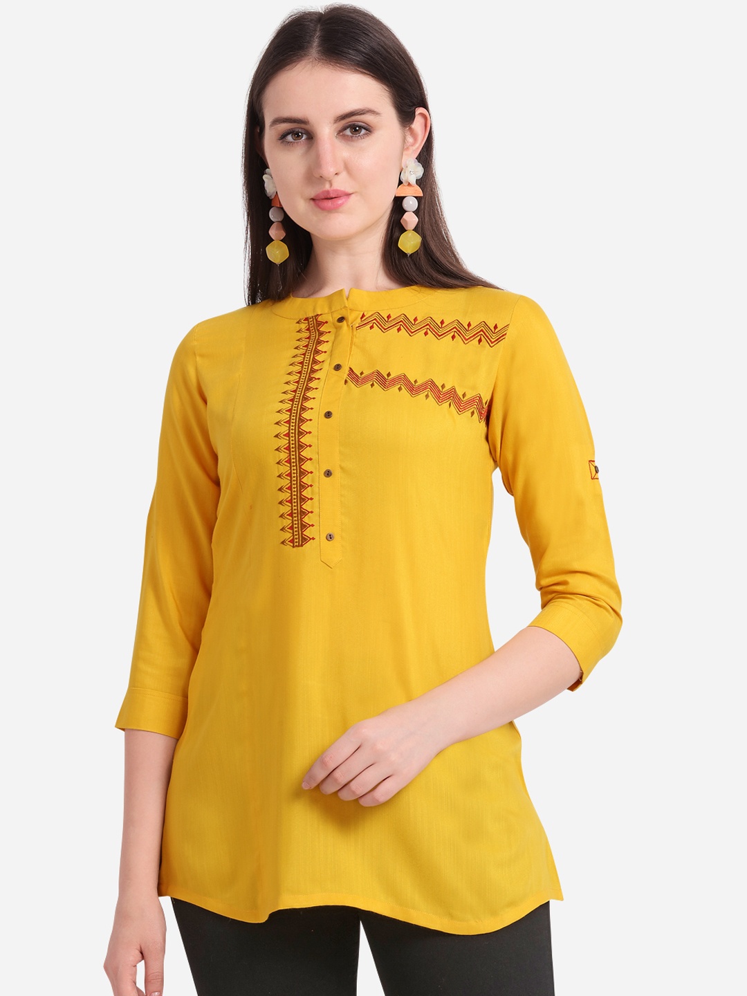 

Kvsfab Women Yellow Solid A-Line Kurti