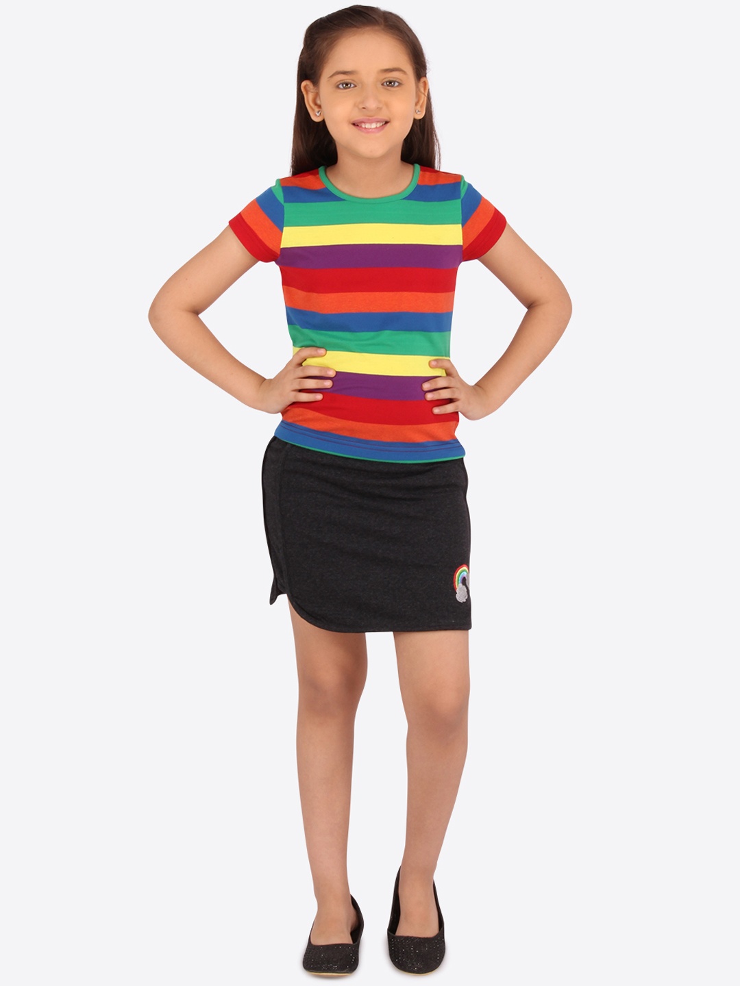 

CUTECUMBER Girls Red & Black Striped Top with Skirt, Multi