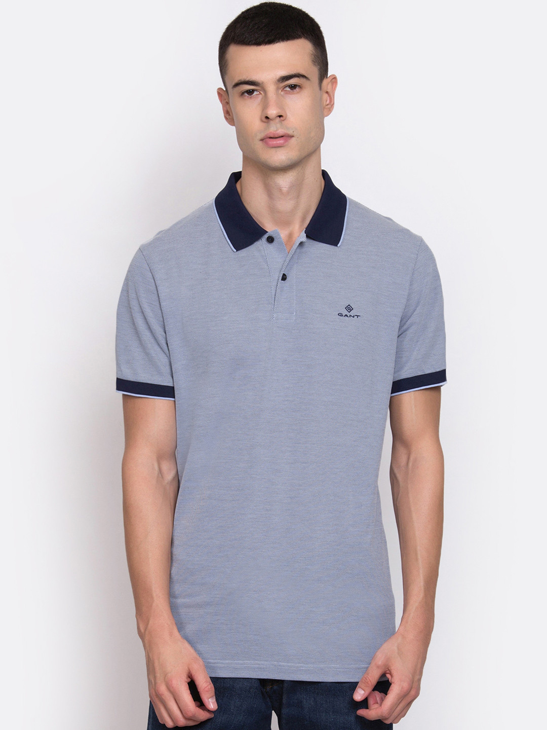 

GANT Men Blue Self Design Polo Collar T-shirt