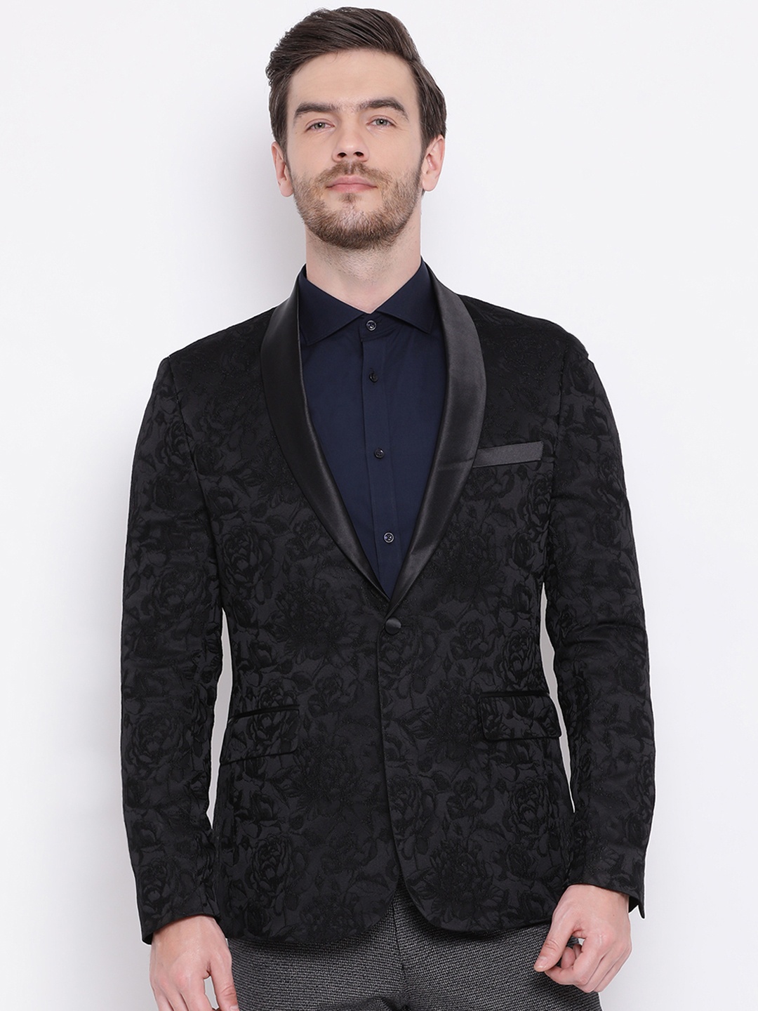 

HARSAM Men Black Self-Design Slim-Fit Single-Breasted Tuxedo Blazer