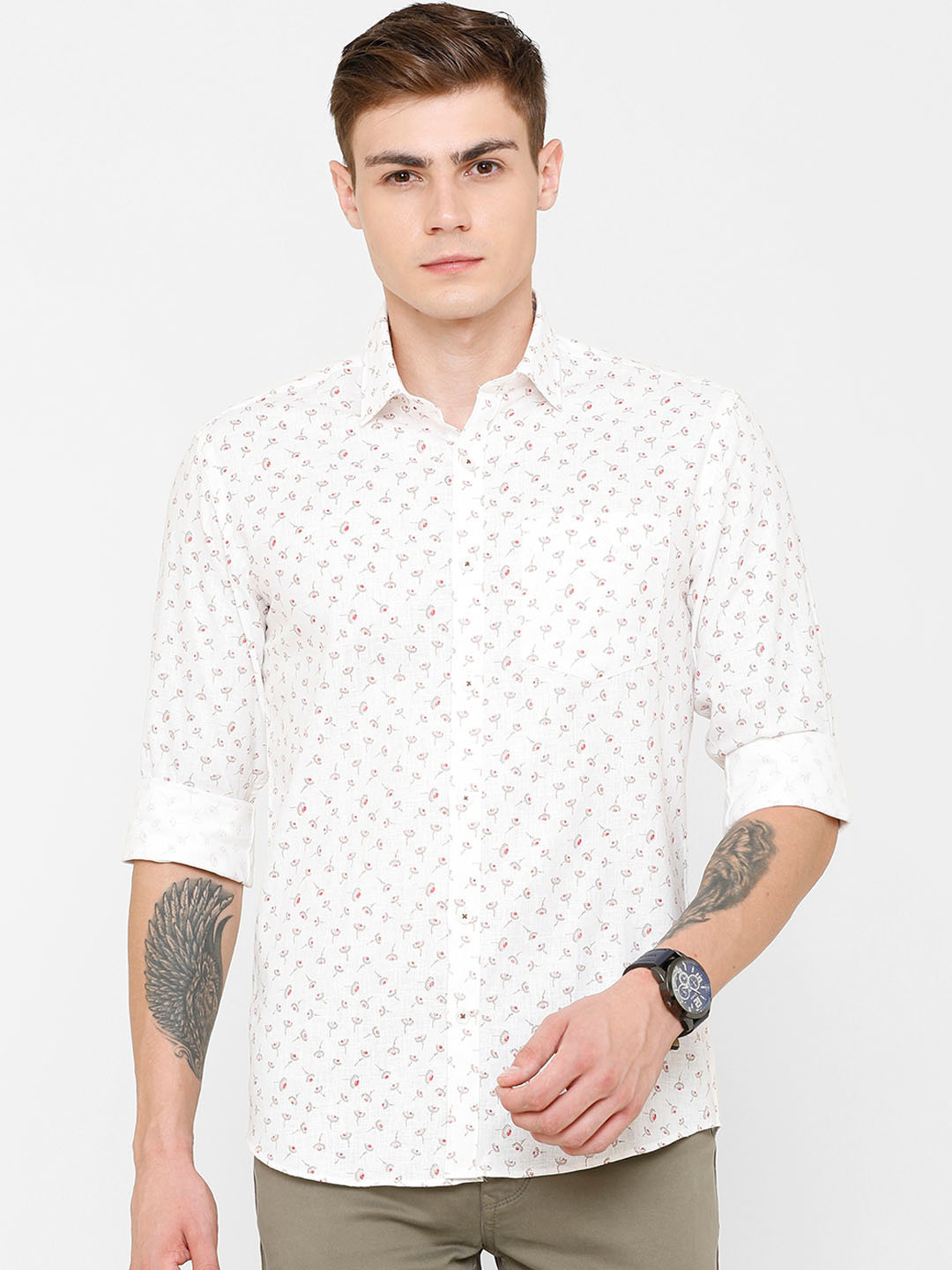 

CAVALLO by Linen Club Men Cotton Linen White & Brown Regular Fit Printed Casual Shirt