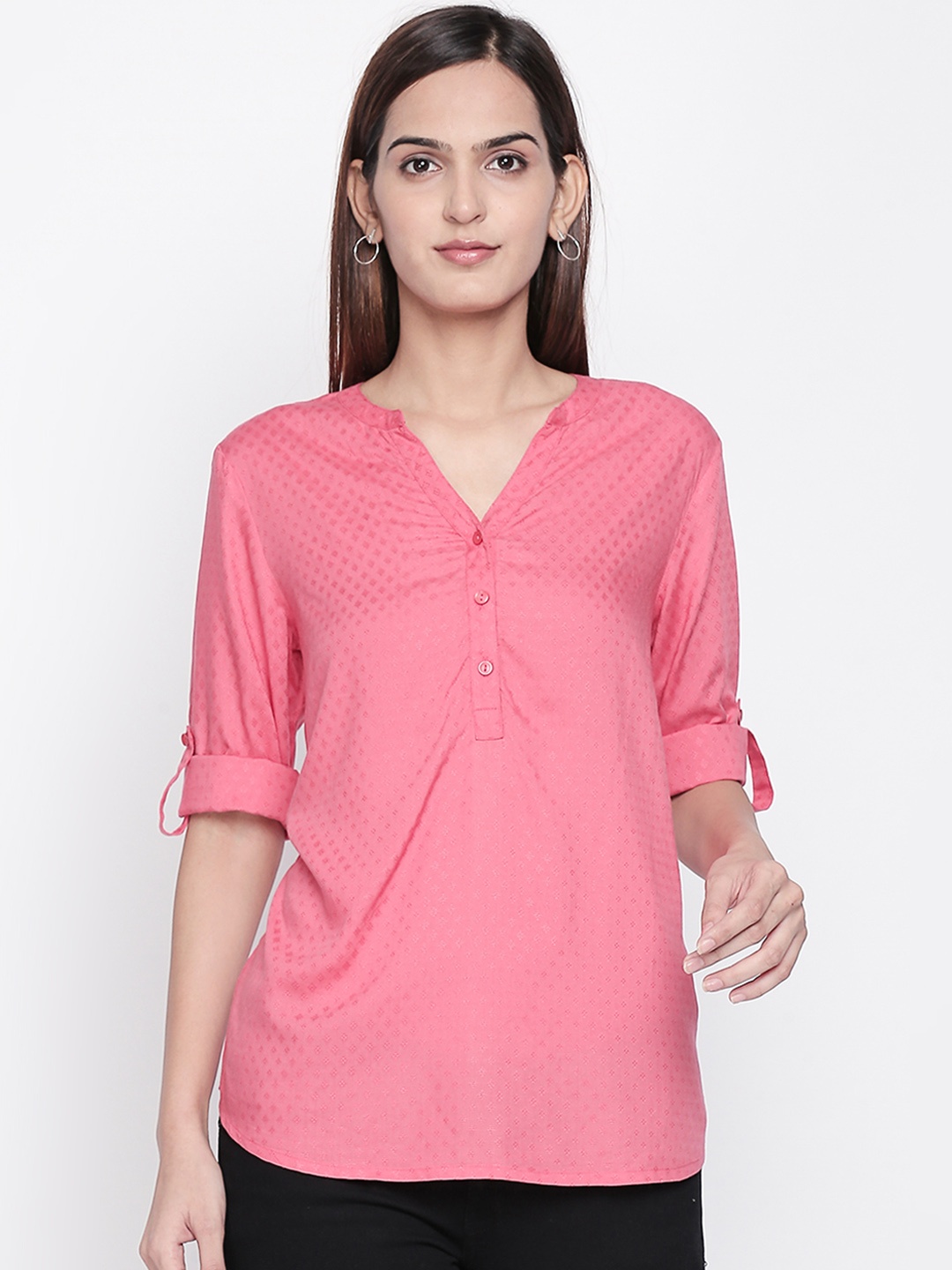 

Honey by Pantaloons Women Pink Self Design Shirt Style Top With Roll-Up Sleeves