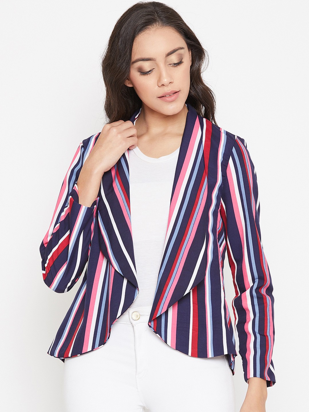 

PURYS Women Navy Blue & Pink Striped Open Front Shrug