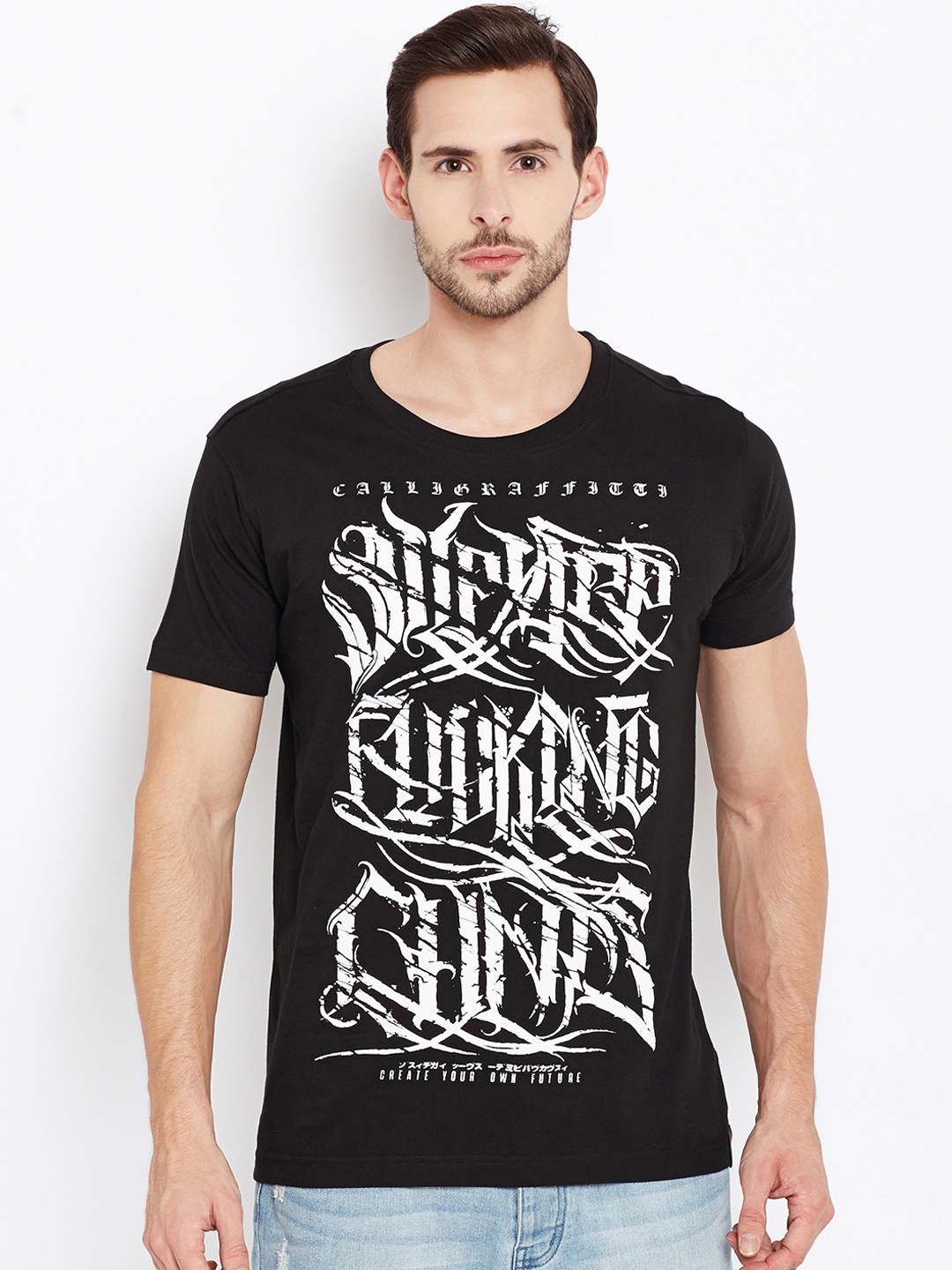 PUNK Men Black Printed Round Neck T-shirt
