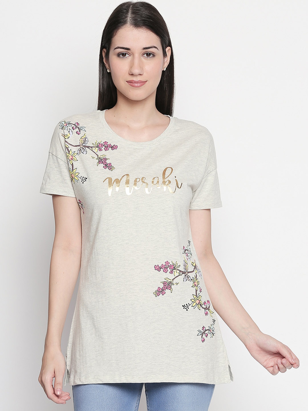 

Ajile by Pantaloons Women Grey Printed Round Neck Pure Cotton T-shirt