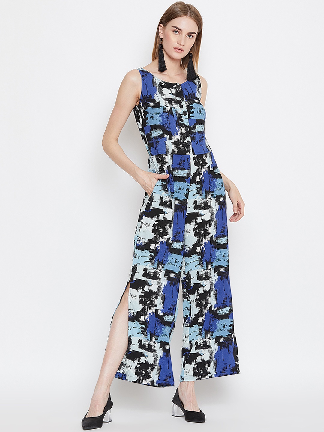 

PURYS Women Blue & Black Printed Basic Jumpsuit