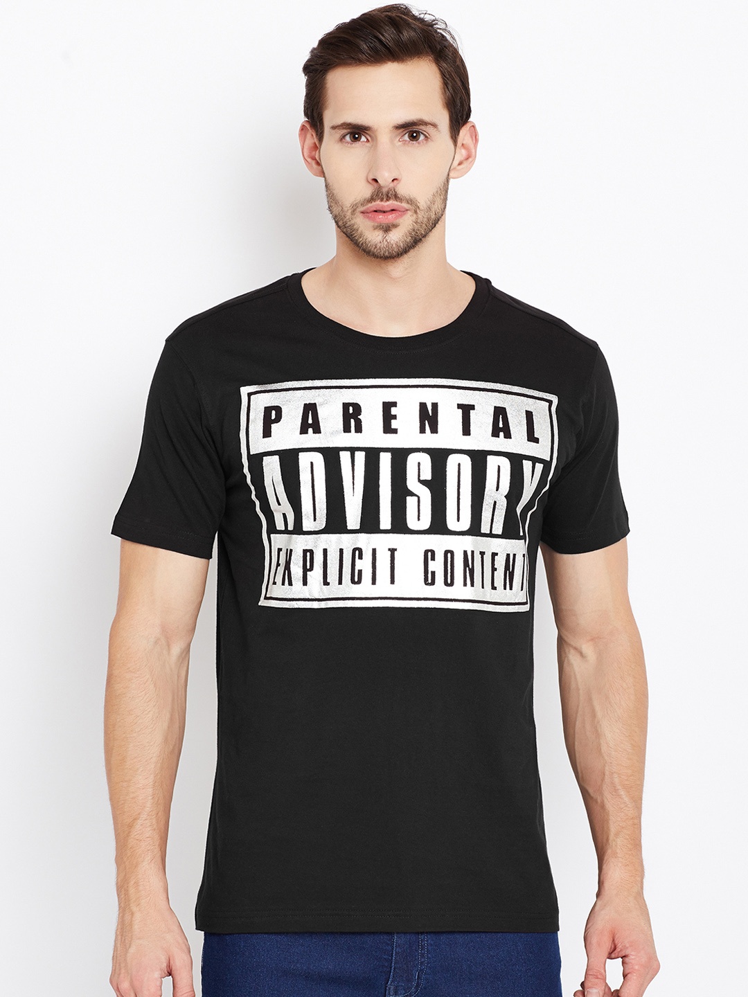 

PUNK Men Black Printed Round Neck Pure Cotton T-shirt