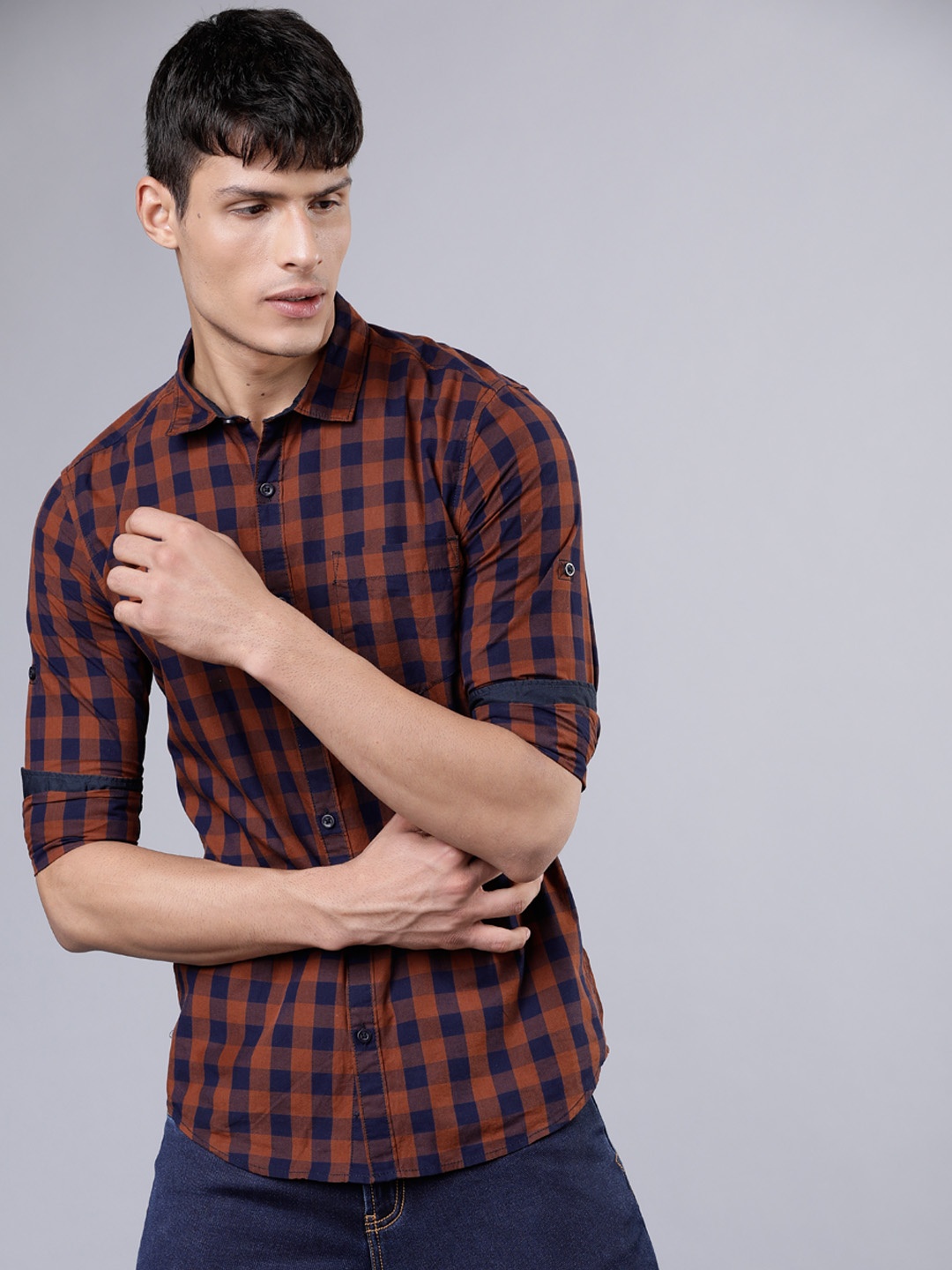 

HIGHLANDER Men Navy Blue & Rust Slim Fit Checked Casual Shirt