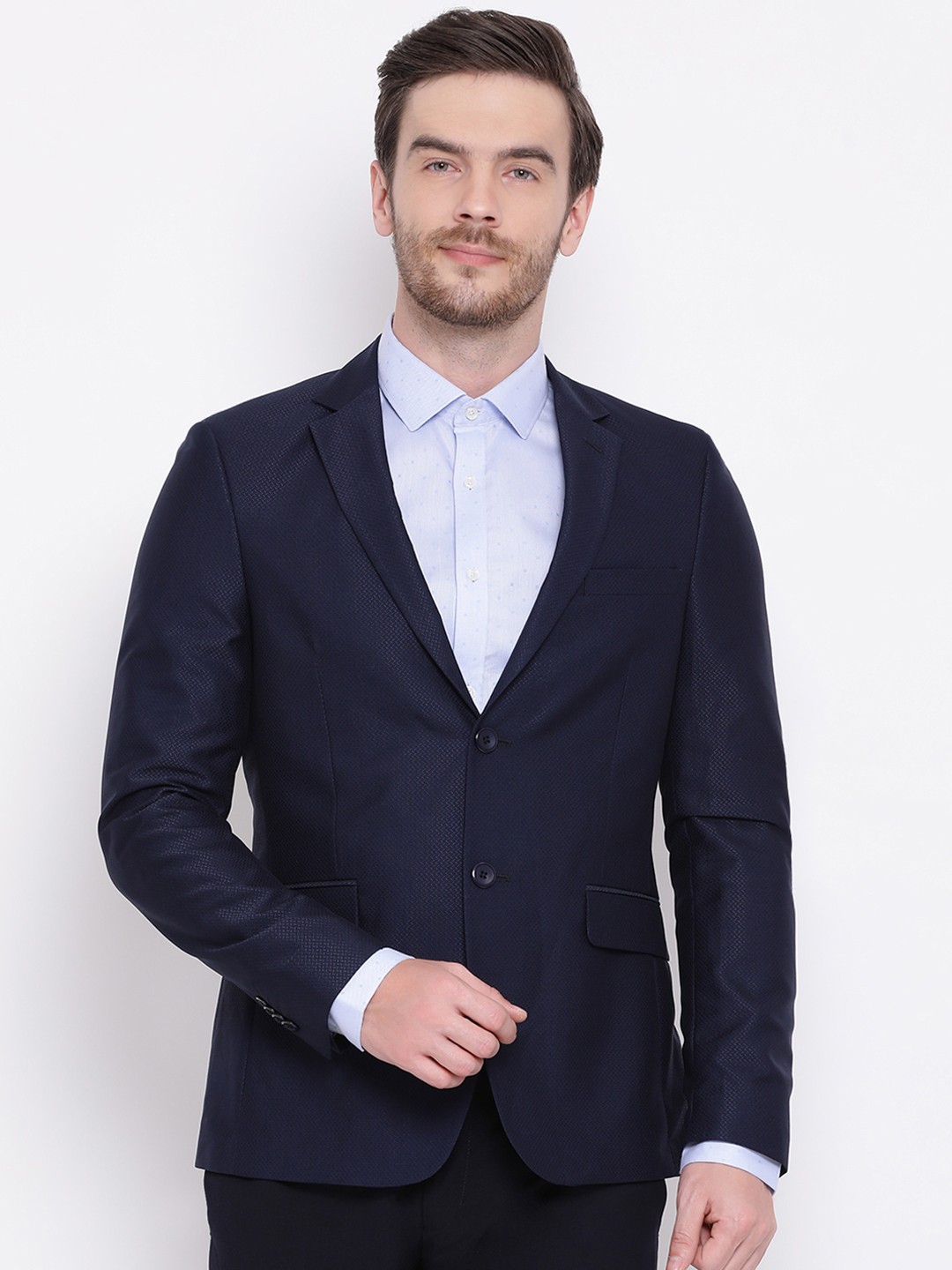 

HARSAM Men Navy Blue Self-Design Slim-Fit Single-Breasted Formal Blazer