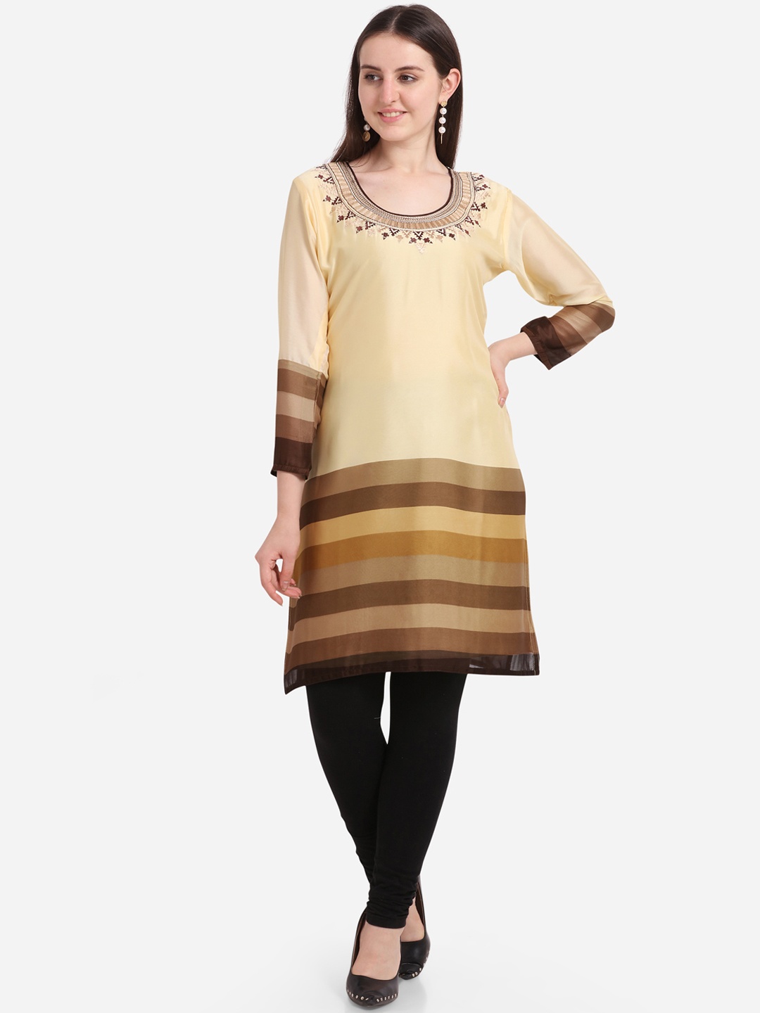 

Kvsfab Women Beige & Brown Striped Embroidered Straight Kurta