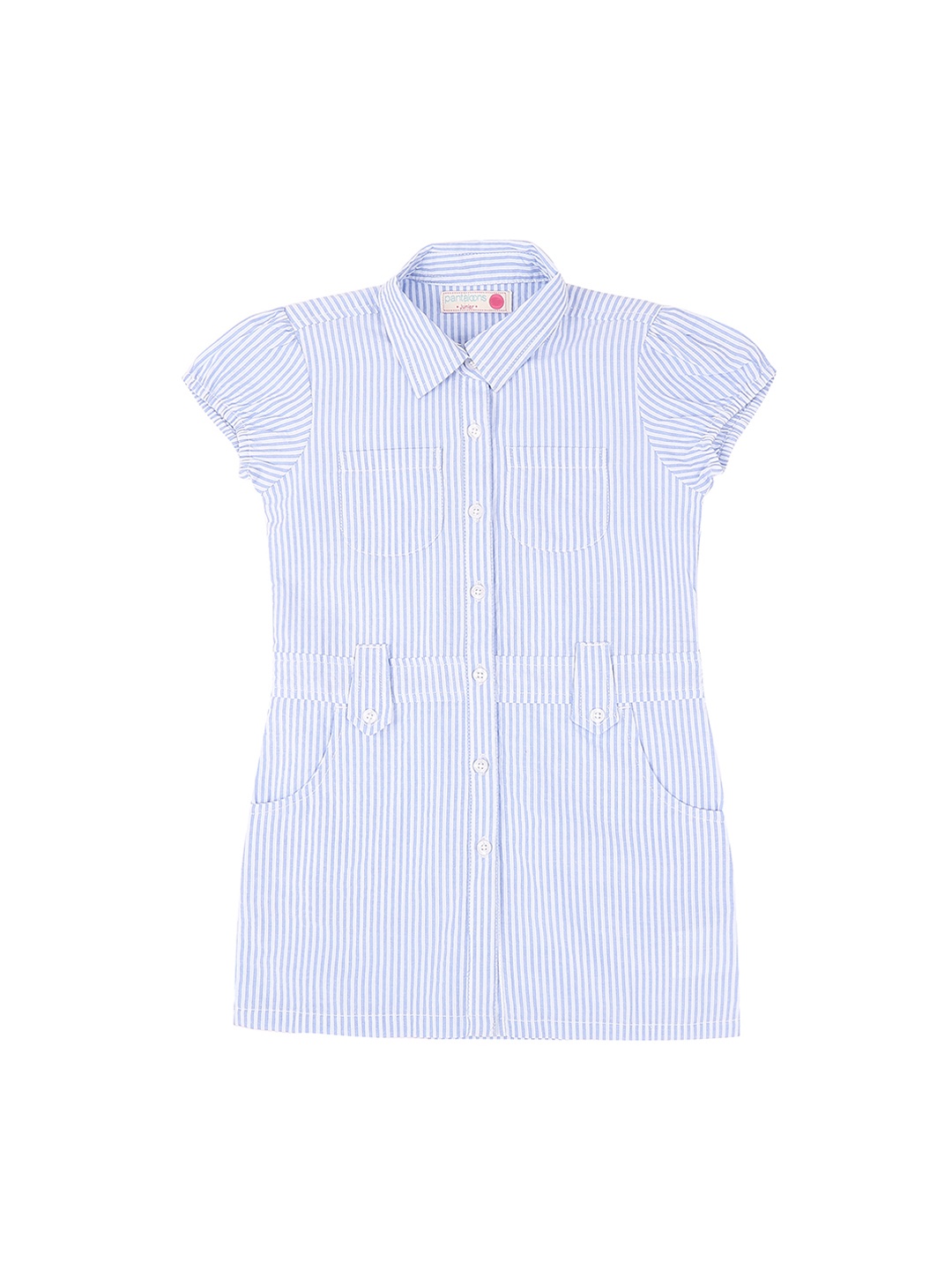 

Pantaloons Junior Girls Blue & White Striped Shirt Style Longline Pure Cotton Top