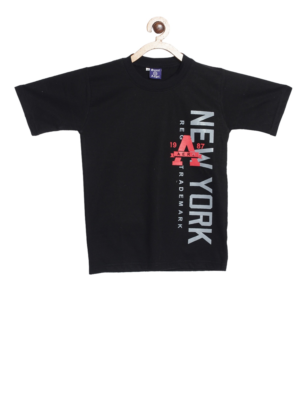 

SWEET ANGEL Boys Black Printed Round Neck Pure Cotton T-shirt