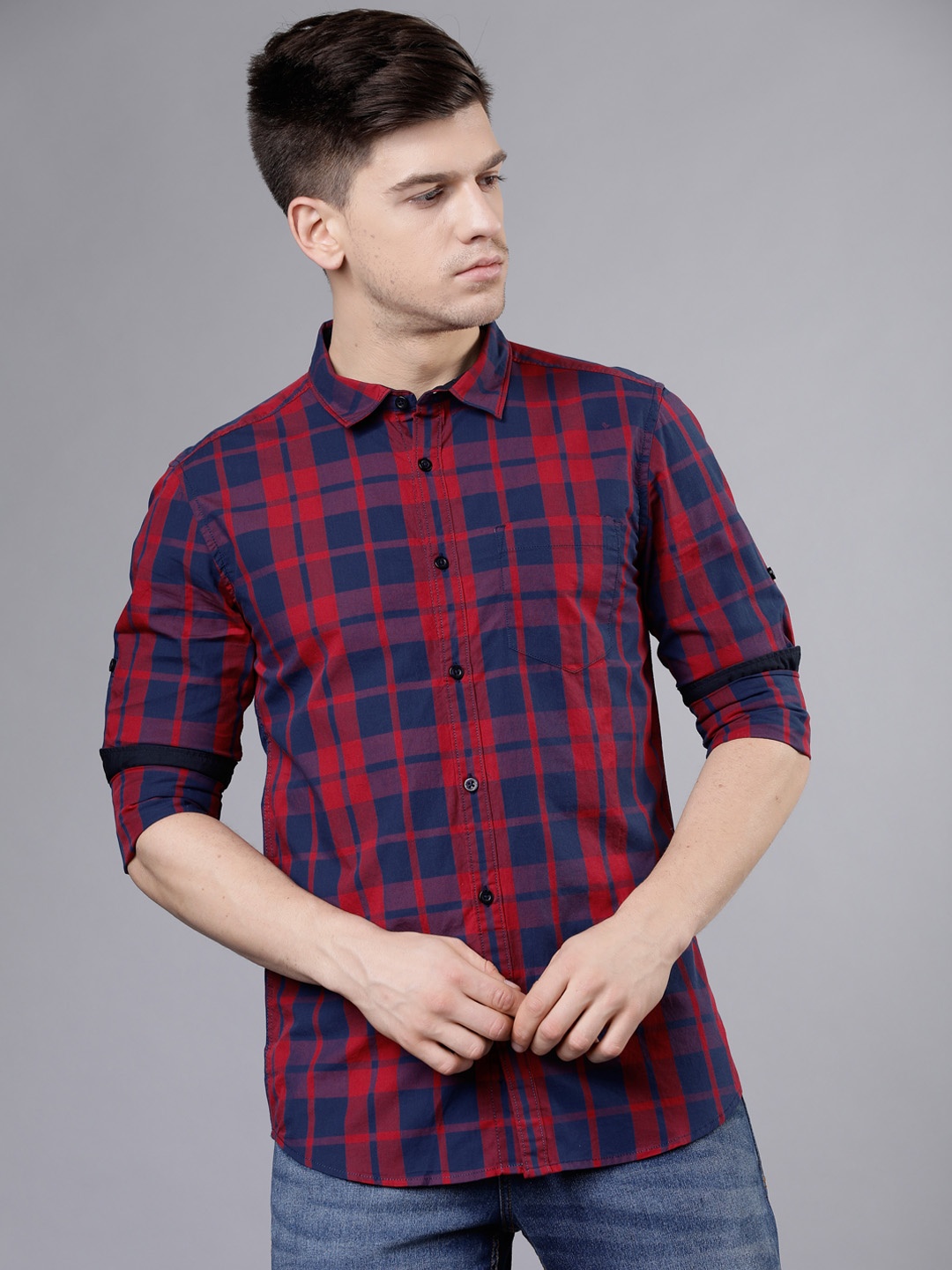 HIGHLANDER Men Navy Blue & Red Slim Fit Checked Casual Shirt