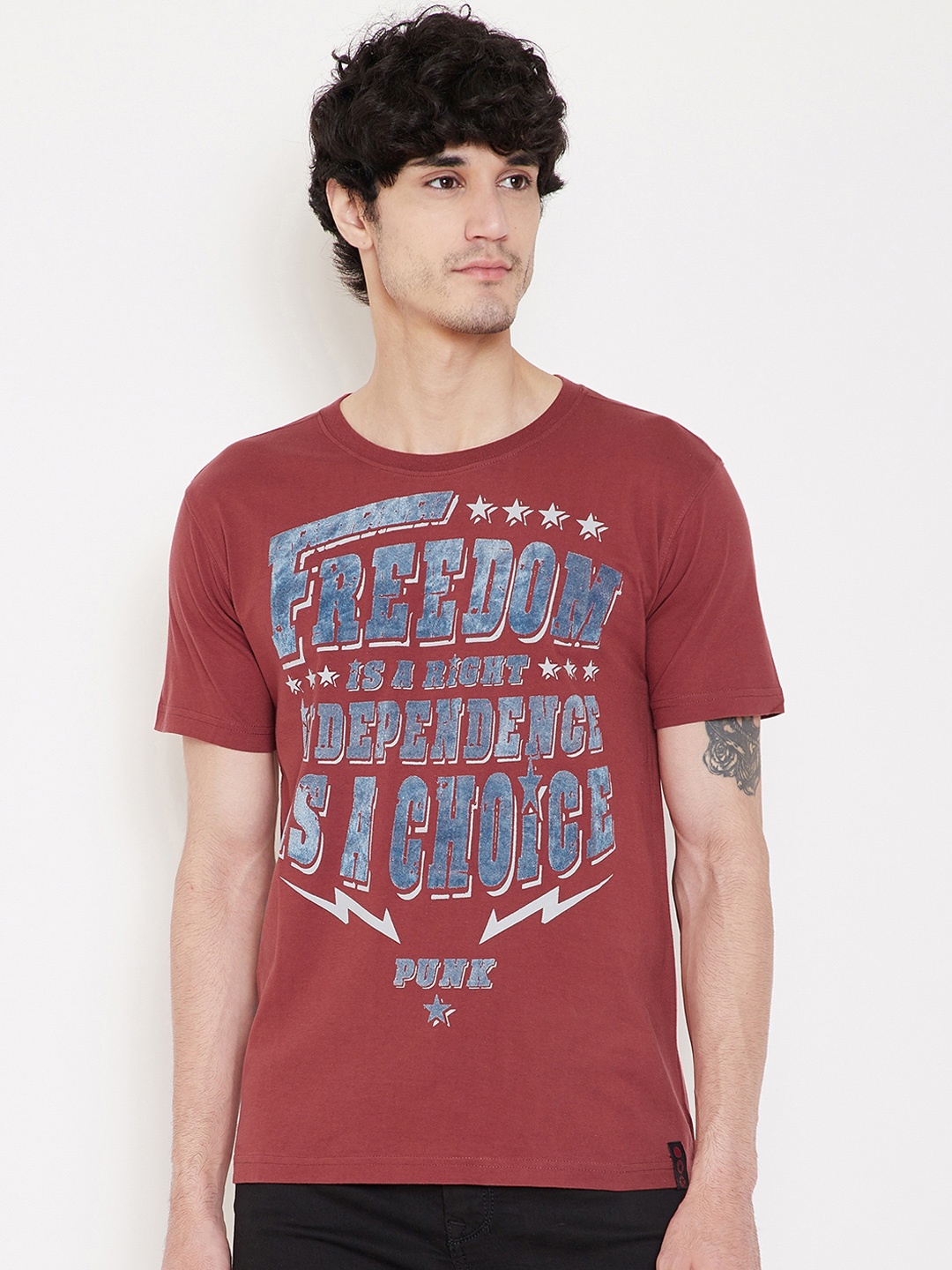 

PUNK Men Rust Red Printed Round Neck Pure Cotton T-shirt