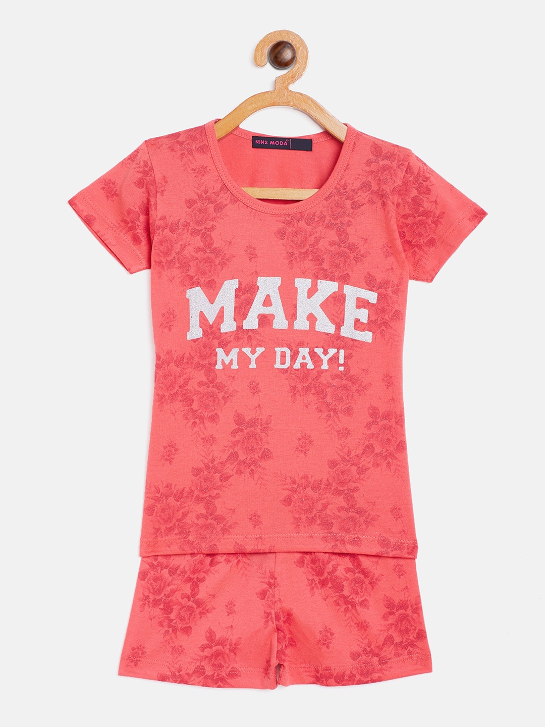 

Nins Moda Girls Coral Red & Grey Floral Printed Night Suit O802