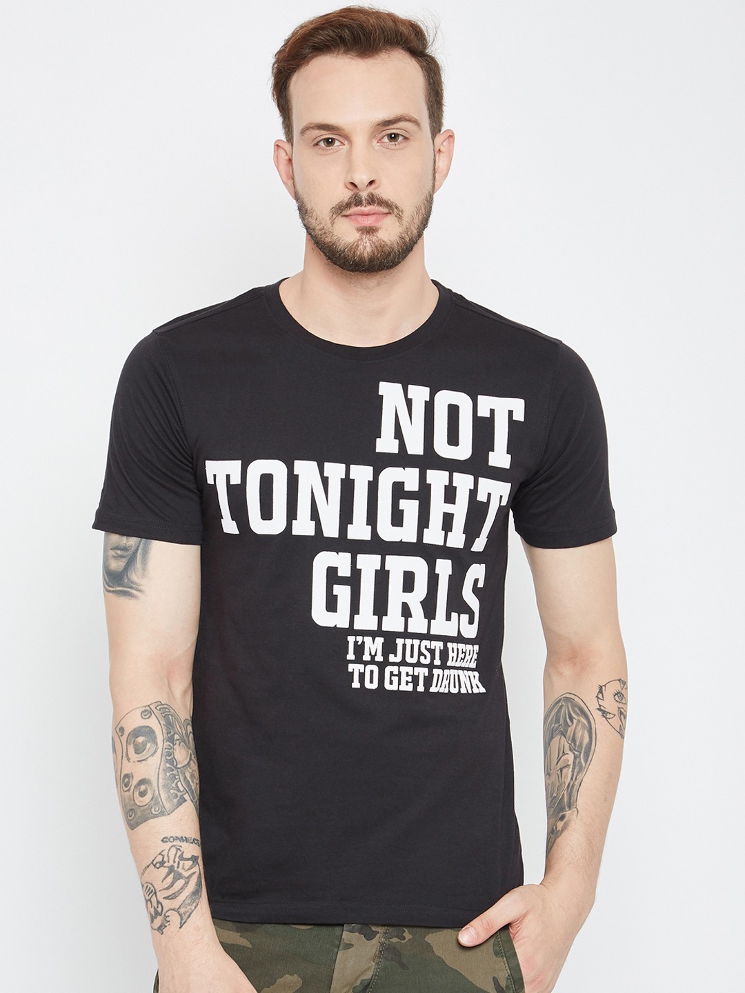

PUNK Men Black & White Printed Round Neck T-shirt