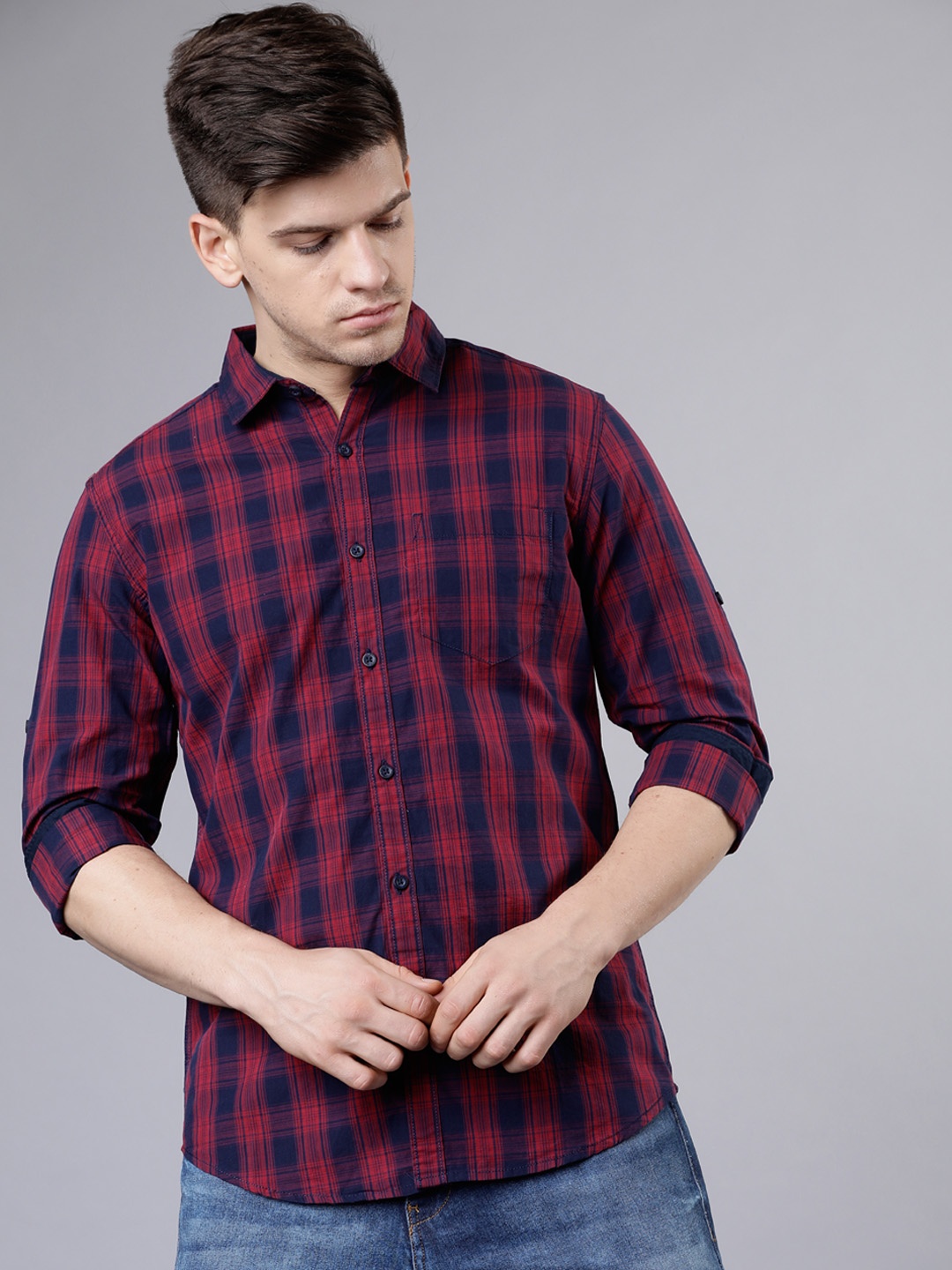 

HIGHLANDER Men Navy Blue & Red Slim Fit Checked Casual Shirt