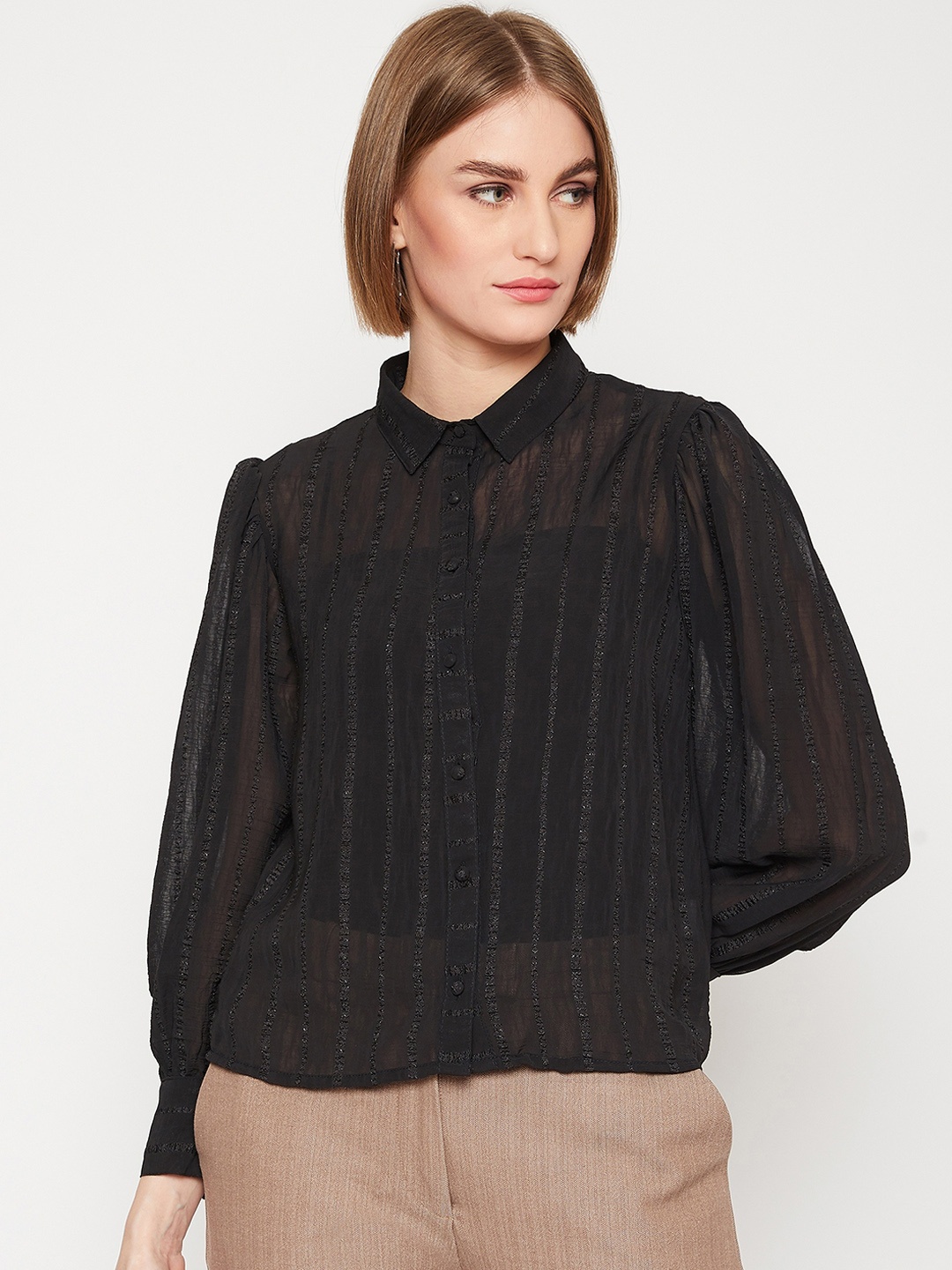 

Marie Claire Women Black Regular Fit Striped Casual Shirt