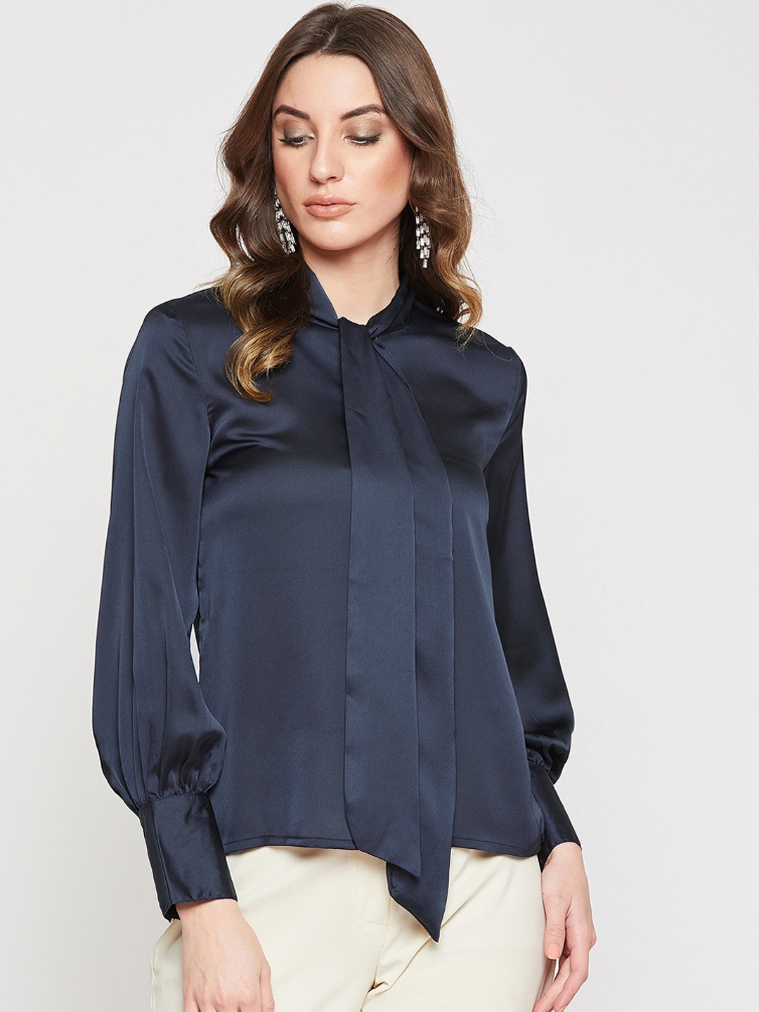 

Marie Claire Women Navy Blue Solid Satin Shirt Style Top