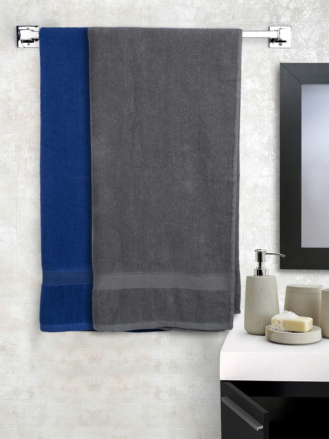 

Turkish Bath Unisex Set Of 2 Grey & Blue Solid 550 GSM Bath & Pool Towels