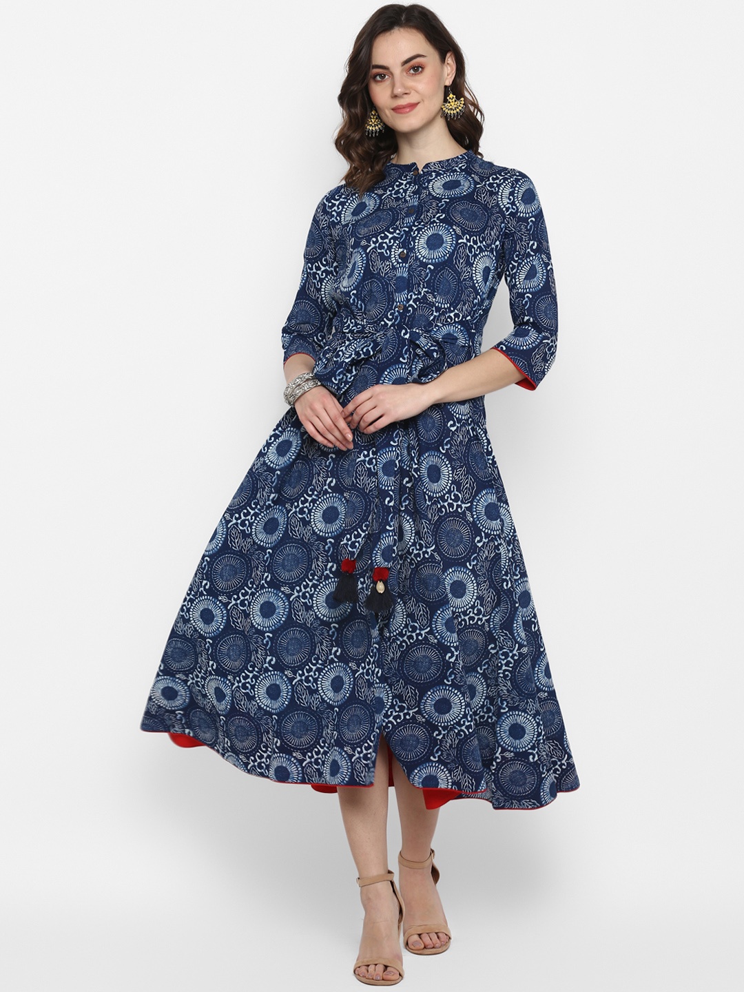 

Janasya Women Blue Printed Fit and Flare Dress