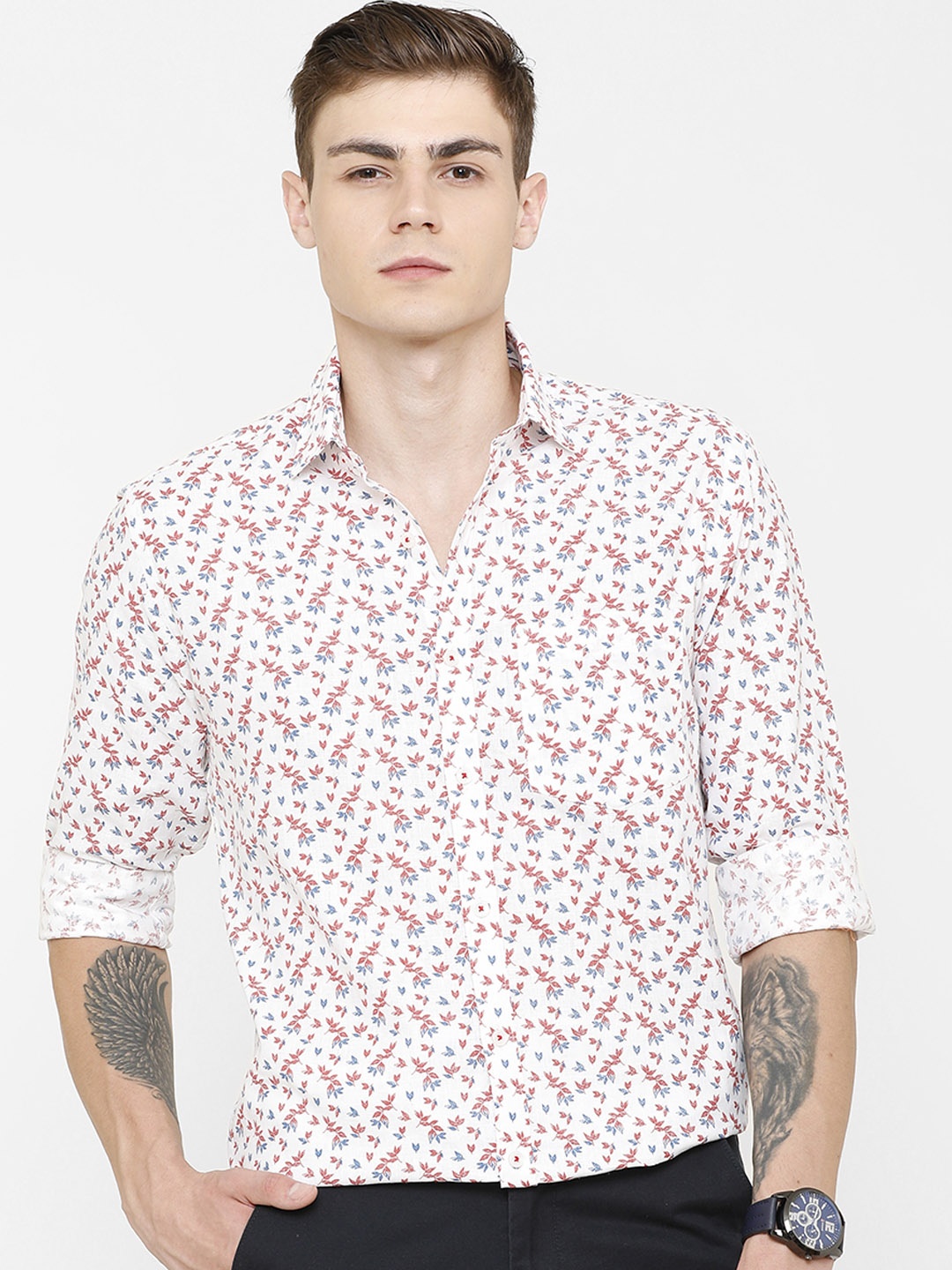 

CAVALLO by Linen Club Men Linen Cotton White Regular Fit Floral Print Casual Shirt