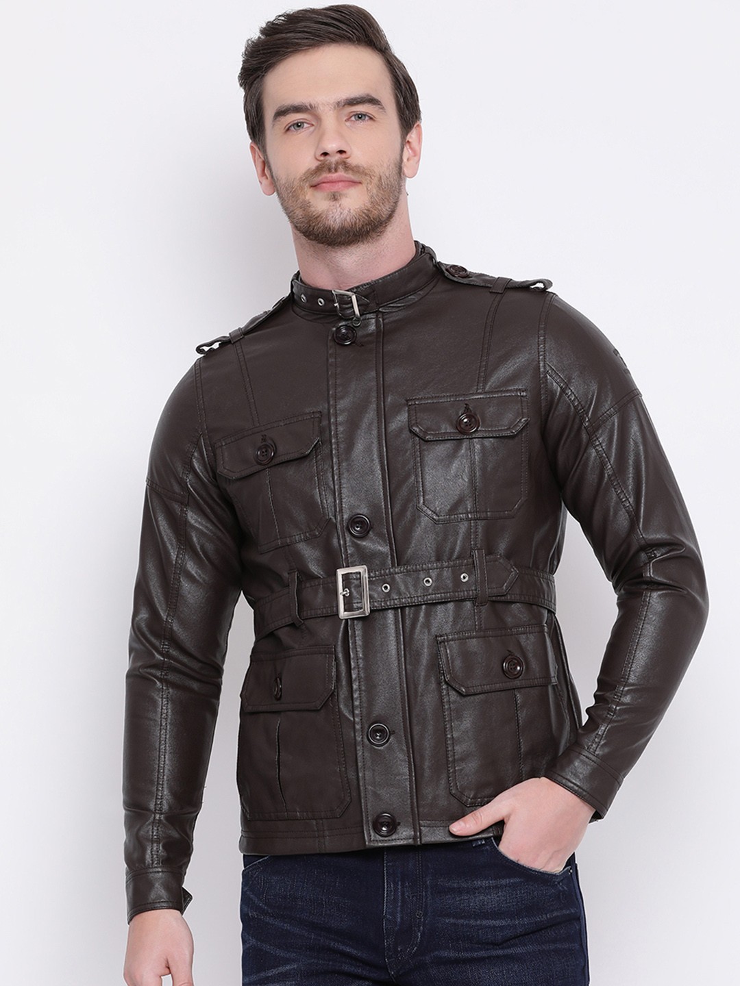 

HARSAM Men Coffee Brown Solid Leather Jacket