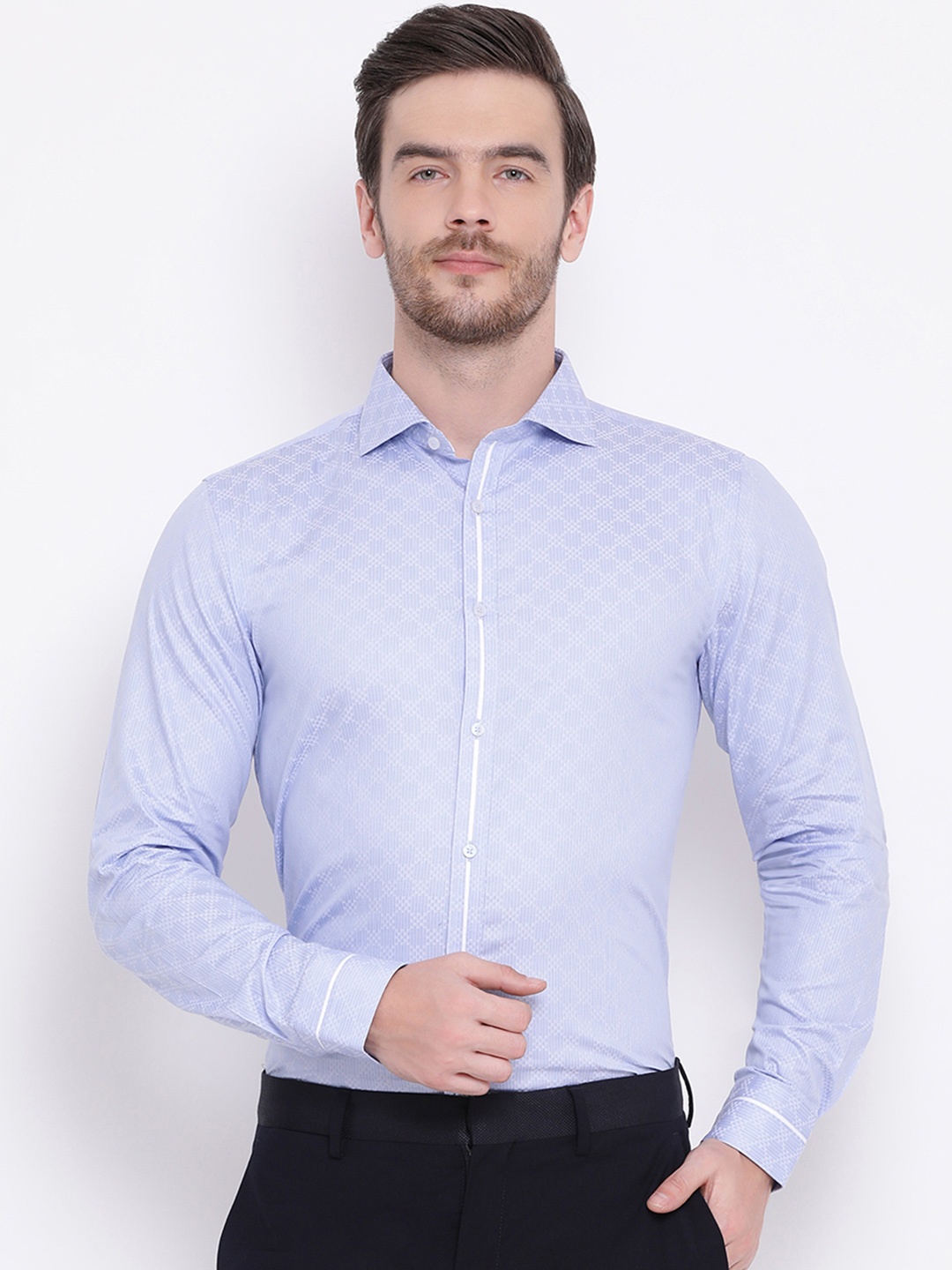 

HARSAM Men Blue Slim Fit Striped Formal Shirt