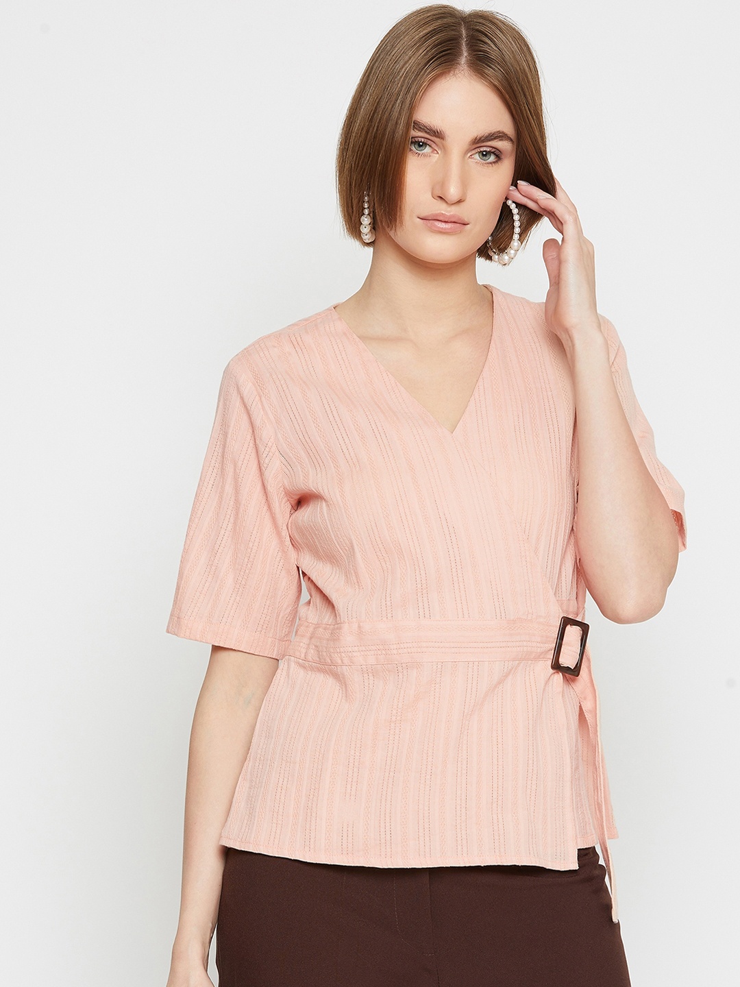 

Marie Claire Women Peach-Coloured Striped Wrap Pure Cotton Top