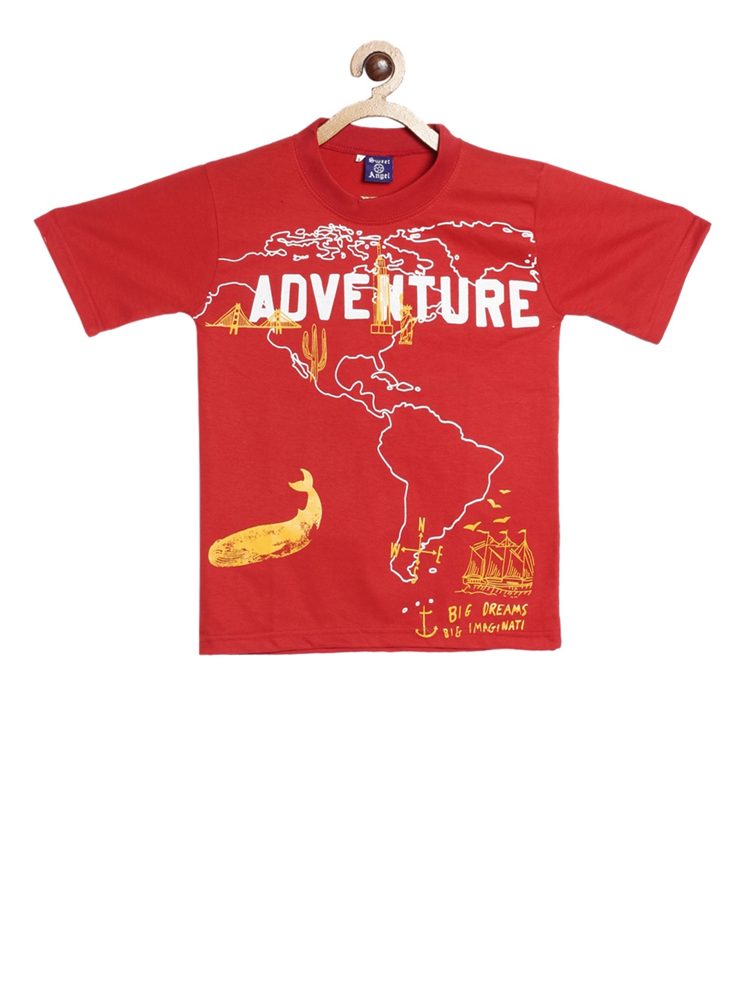 

SWEET ANGEL Boys Red Printed Round Neck Pure Cotton T-shirt