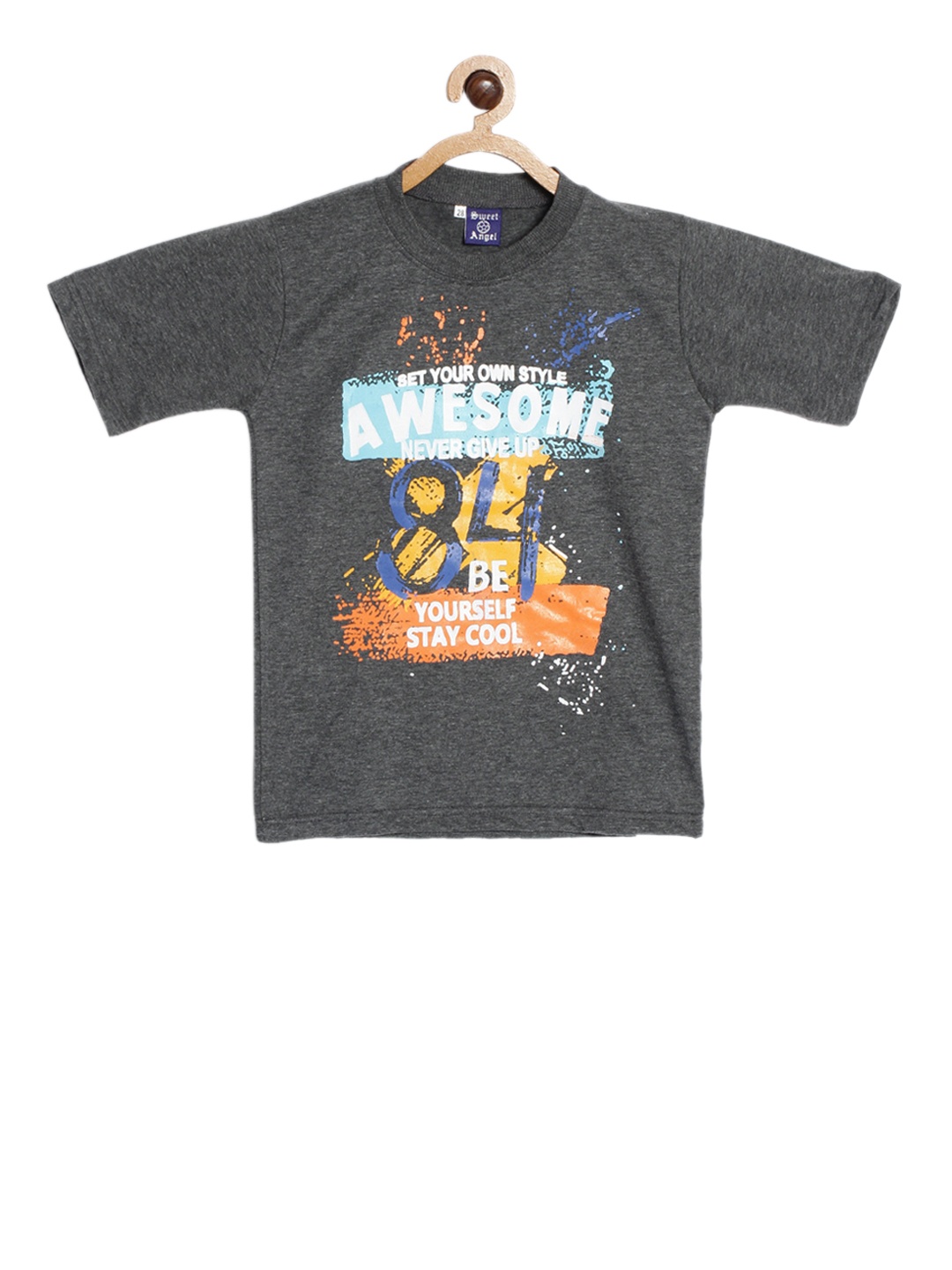

SWEET ANGEL Boys Charcoal Grey Printed Round Neck T-shirt