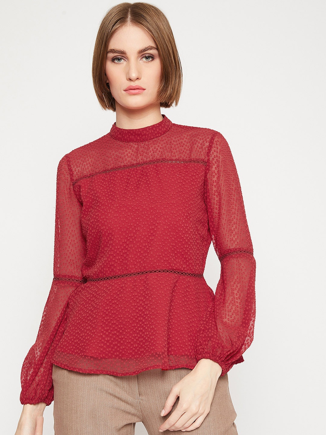 

Marie Claire Women Red Self Design Lace Peplum Top