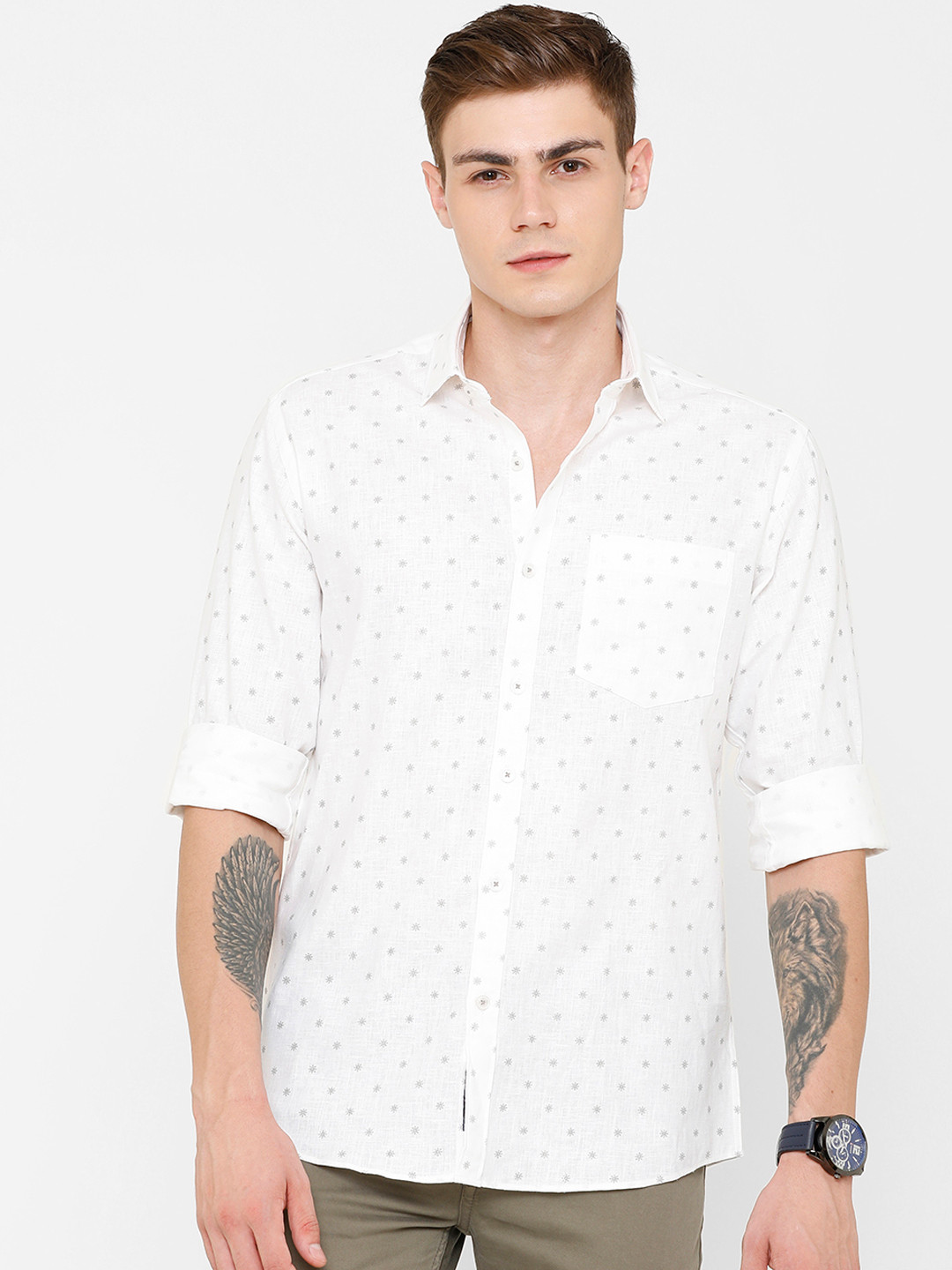 

CAVALLO by Linen Club Men White Floral Print Linen Cotton Regular Fit Casual Shirt
