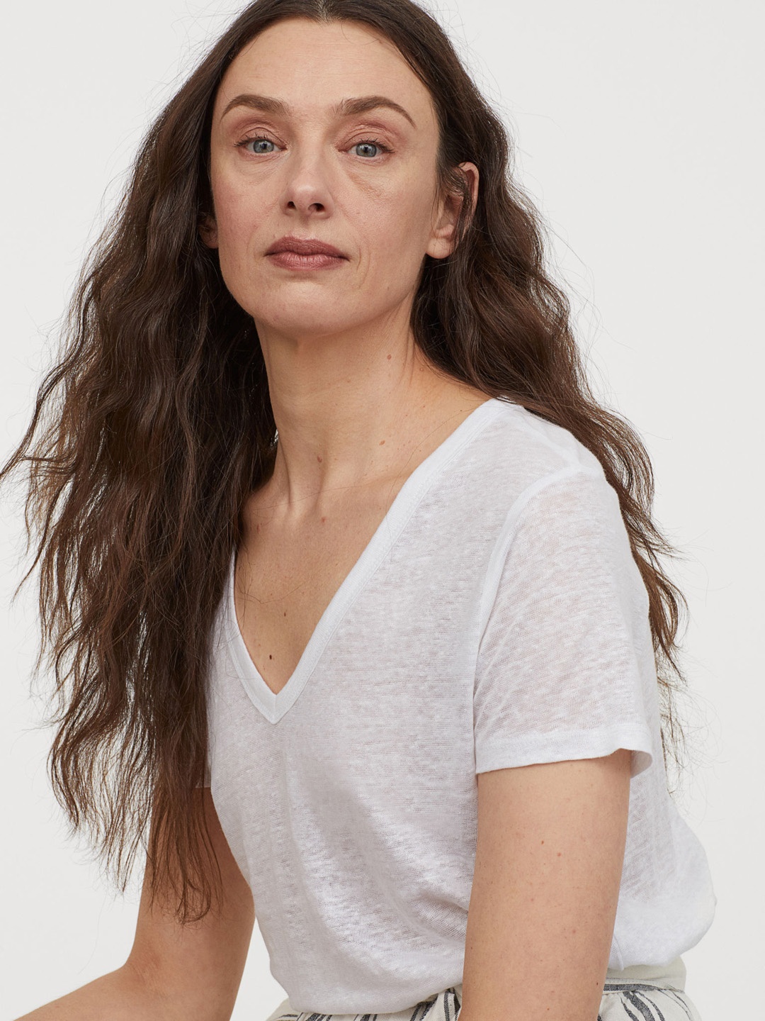 

H&M Women White Solid Linen Jersey Top