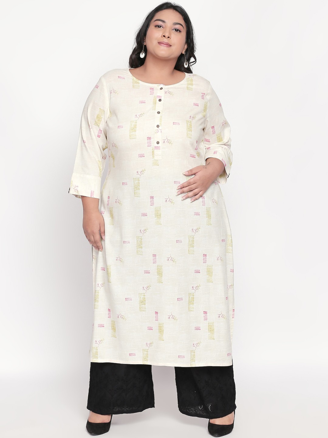 

RANGMANCH PLUS by Pantaloons Women Off-White & Pink Printed A-Line Kurta