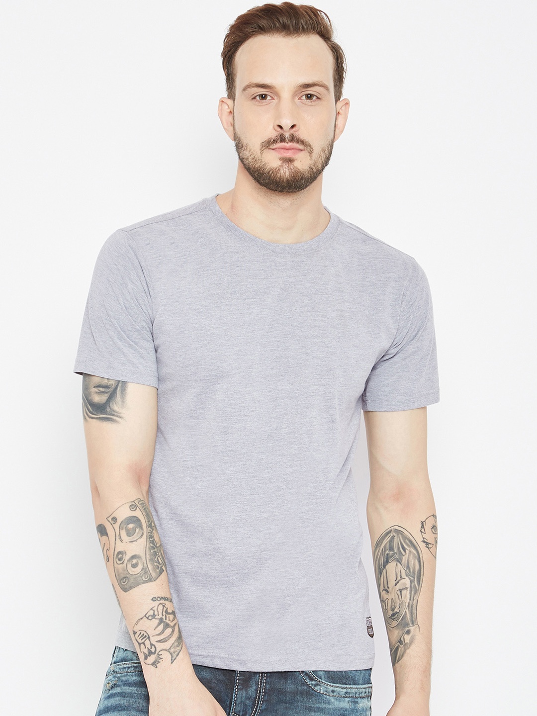 

PUNK Men Grey Melange Solid Round Neck T-shirt